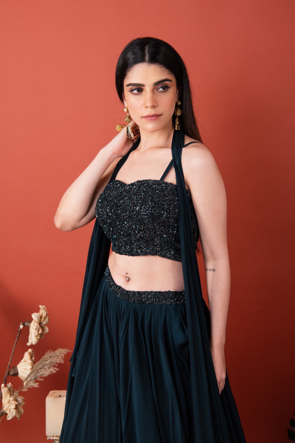 Blue Crepe Layered Skirt Set