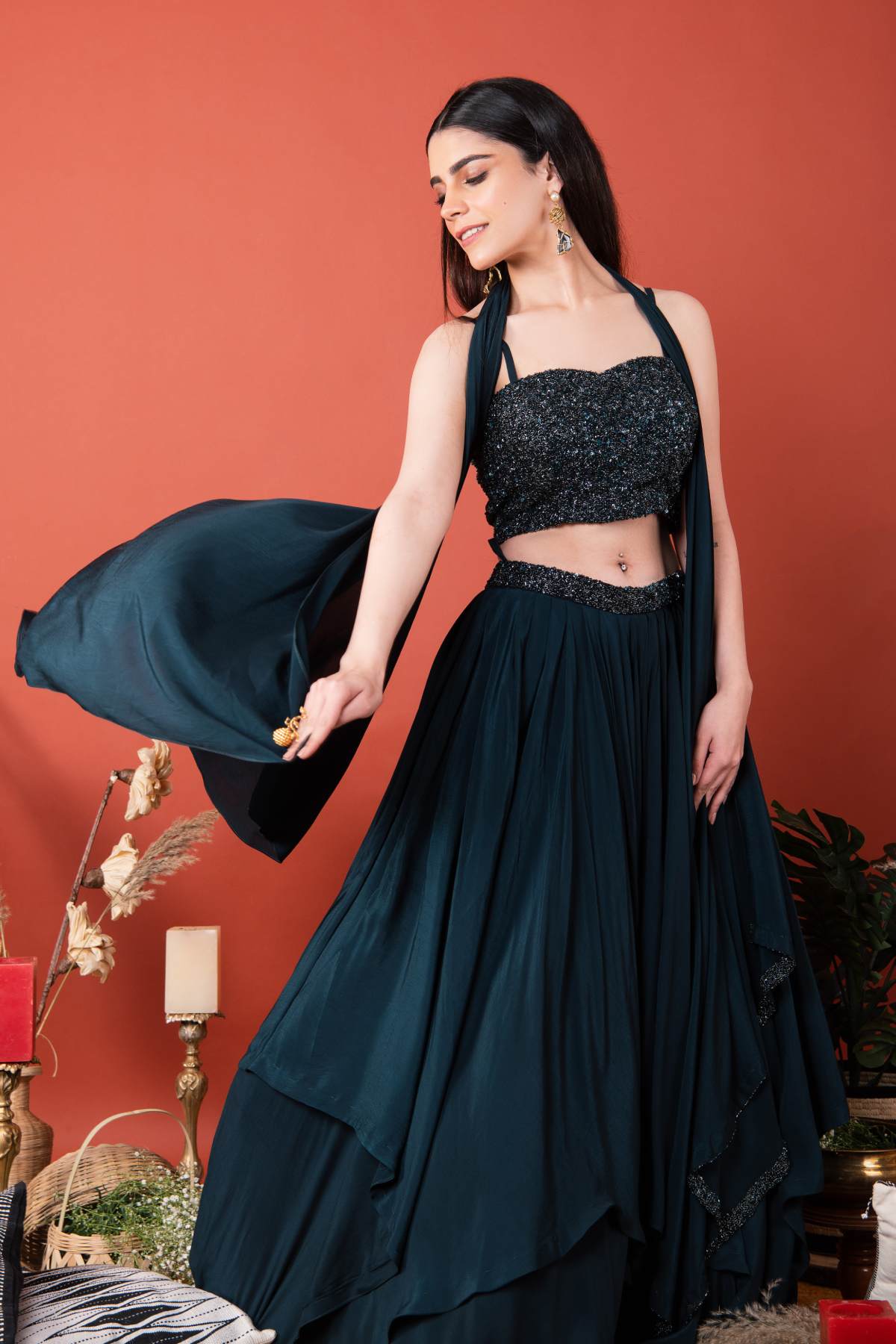 Blue Crepe Layered Skirt Set