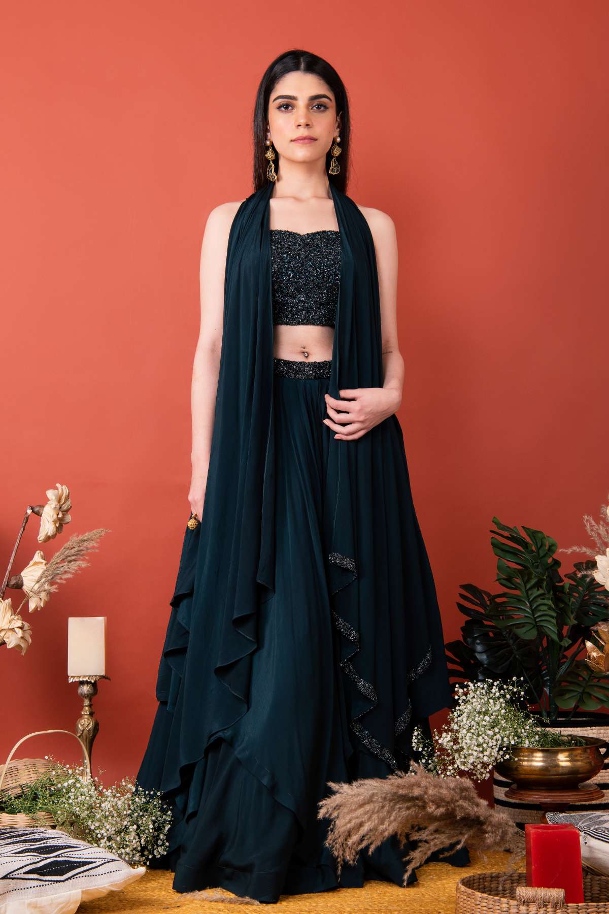 Blue Crepe Layered Skirt Set