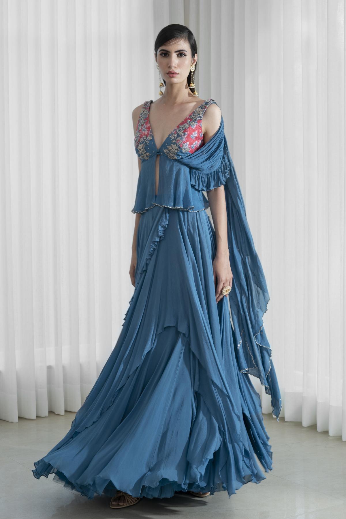 Buy Draped Saree Skirt Set by Mandira Wirk