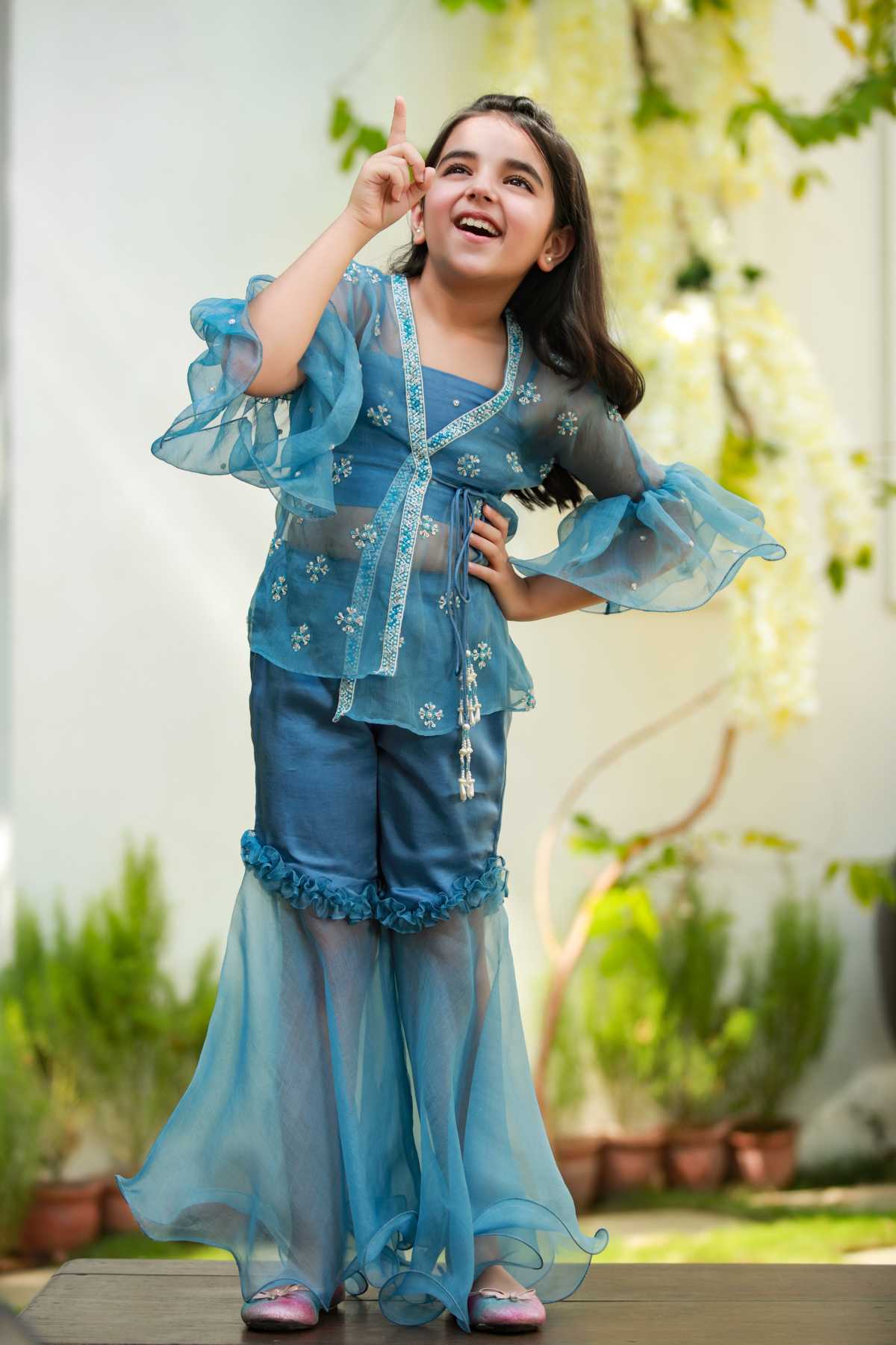 Buy Kids Designer Littleens floral-ornamental pattern of recycled plastic sequins and pearl jacket with blouse and sharara with frill embellishment Online at ScrollnShops