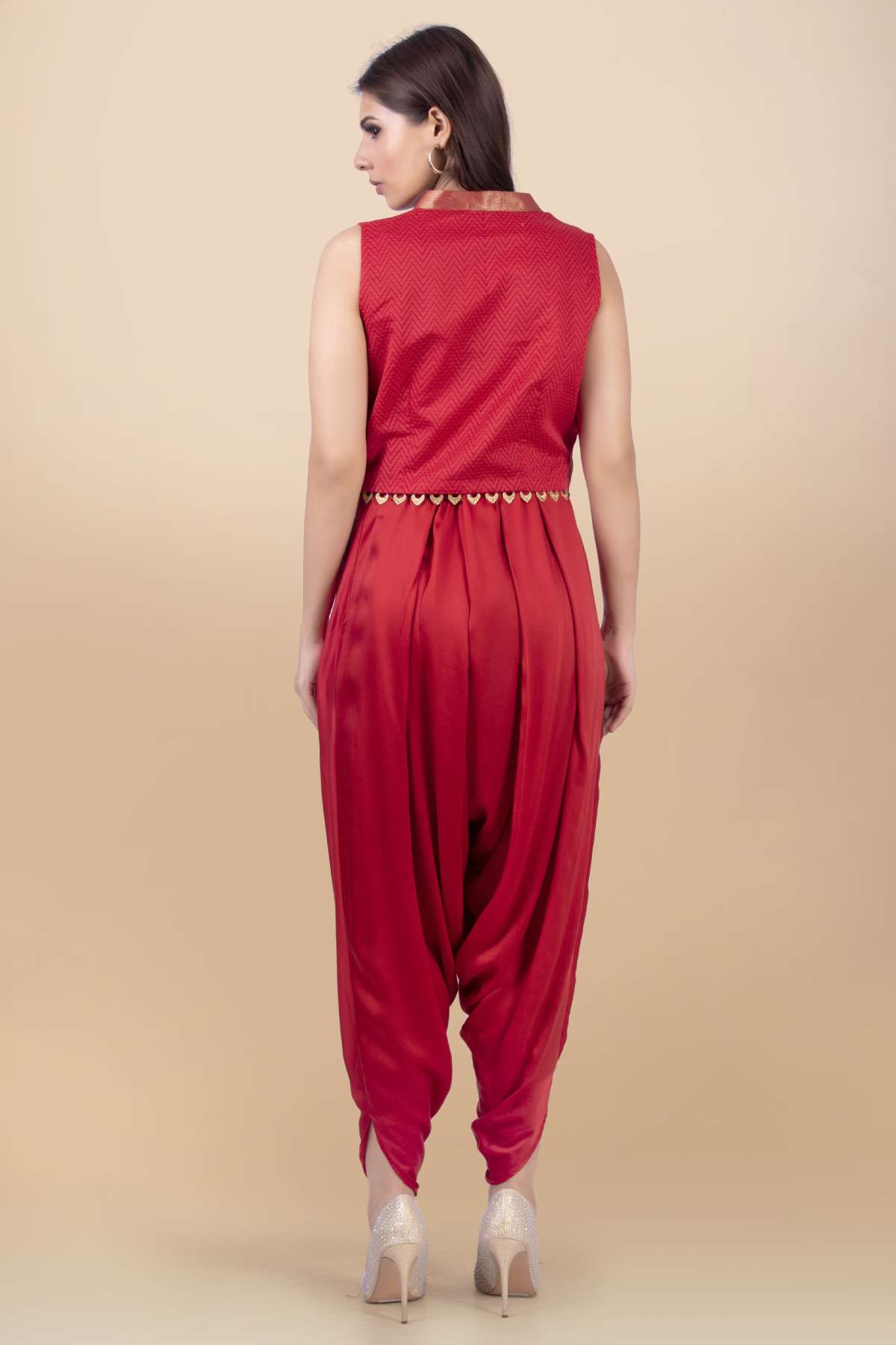 Red Modal Satin Print Jacket Set