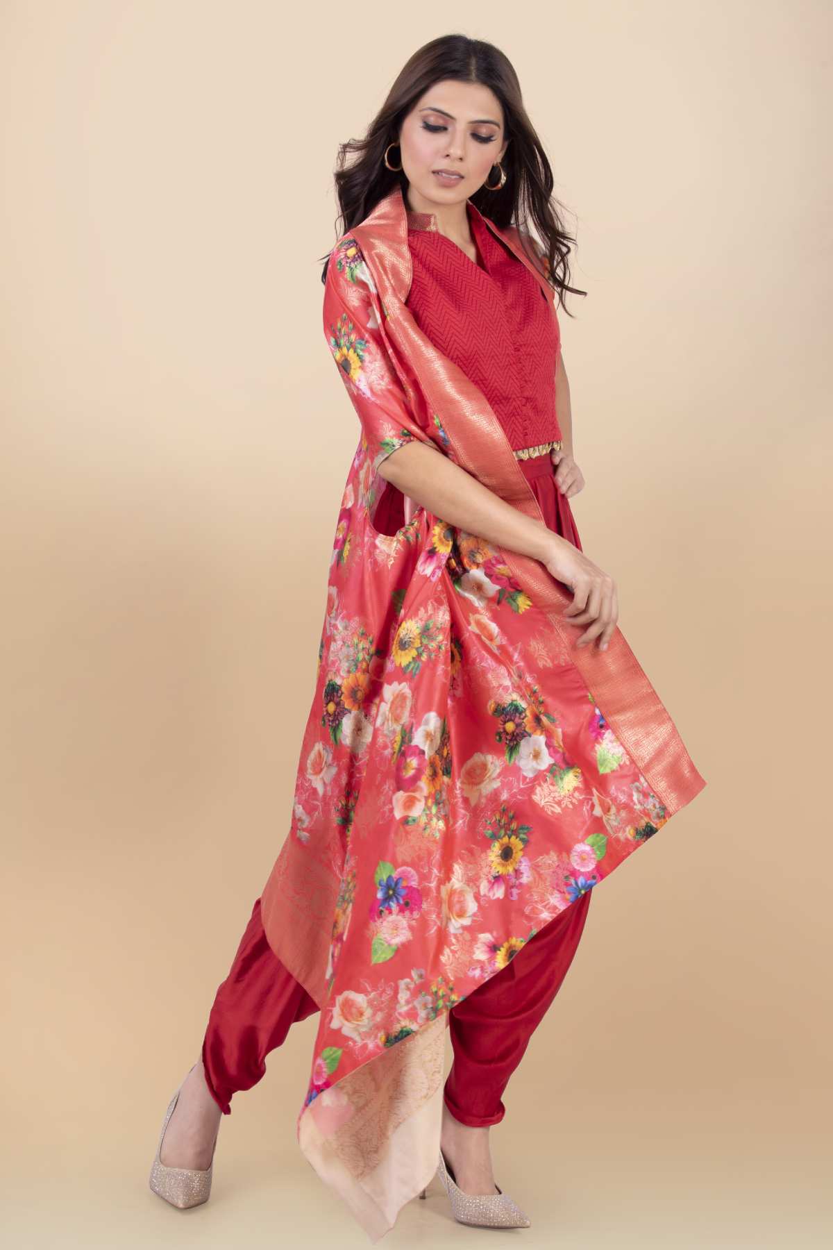 Red Modal Satin Print Jacket Set