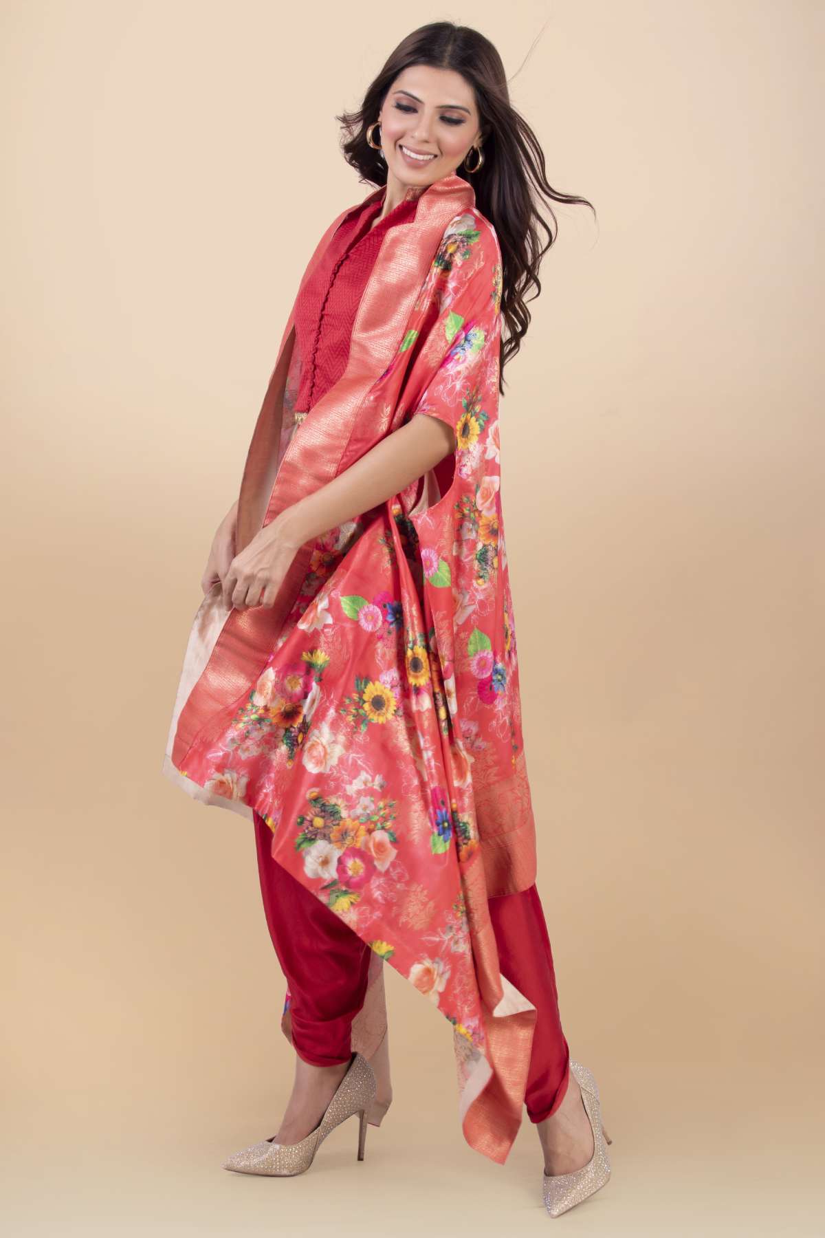 Red Modal Satin Print Jacket Set