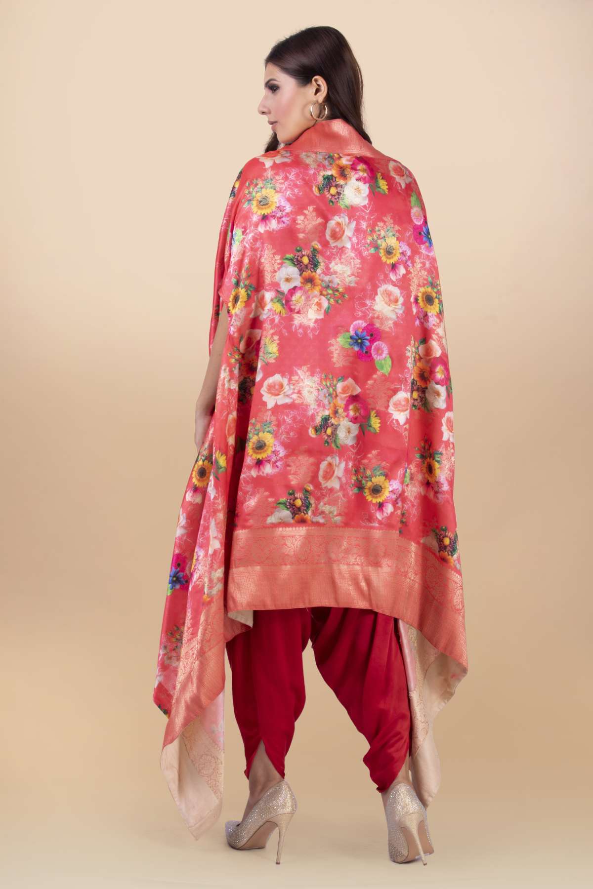 Red Modal Satin Print Jacket Set