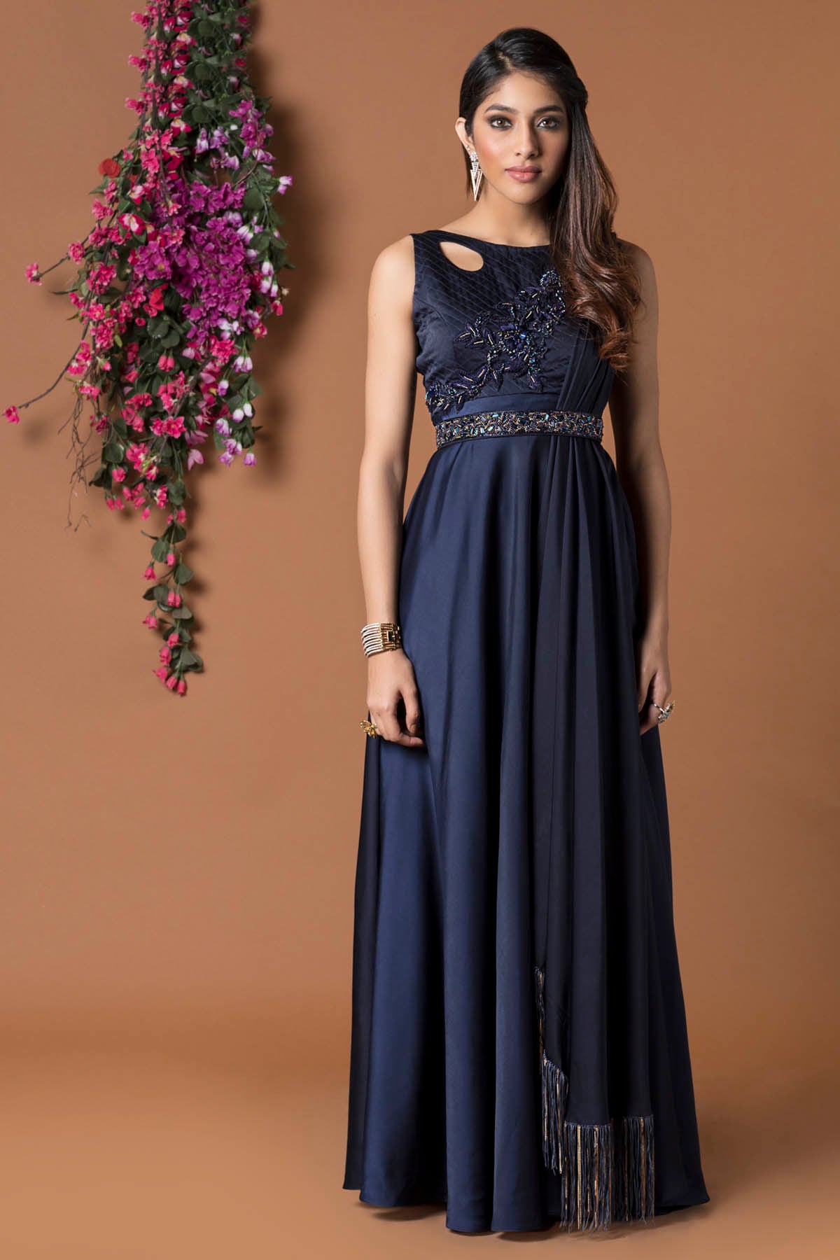 Embroidered Belted Gown