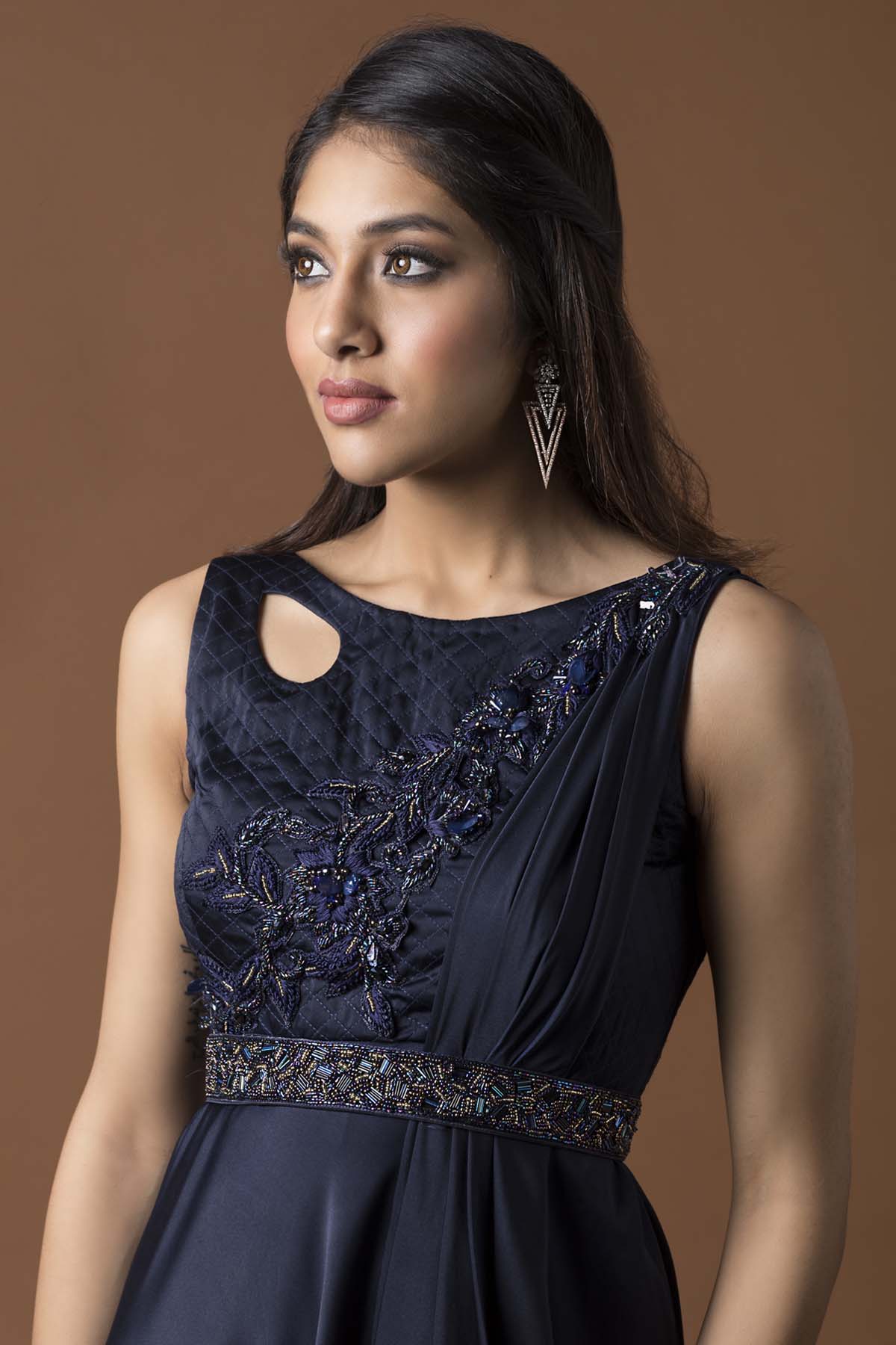 Embroidered Belted Gown