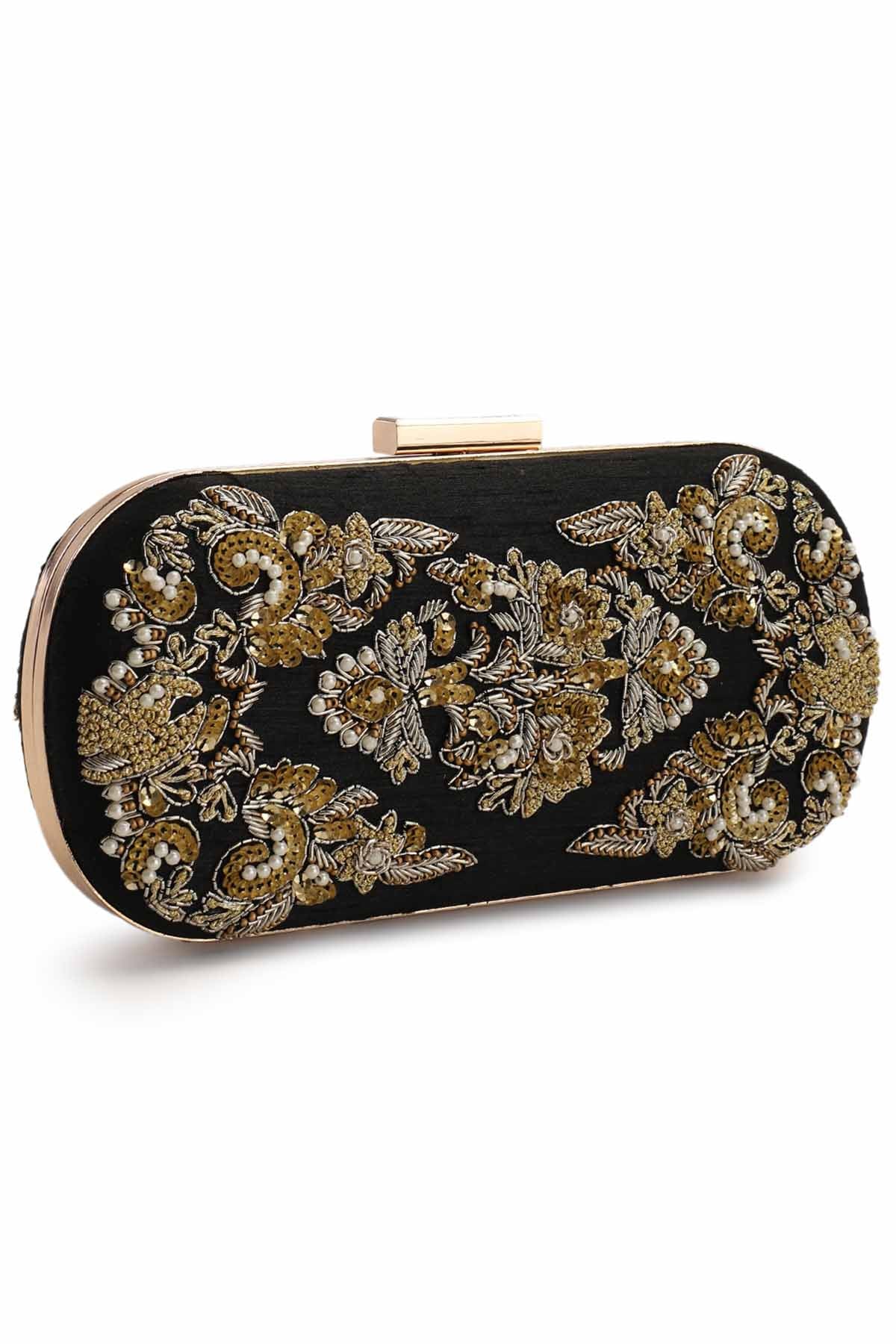 Black Embroidered Box Clutch