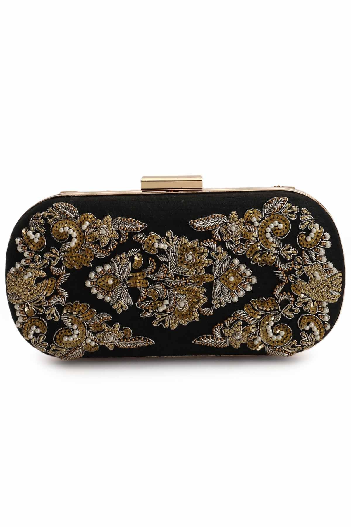 Black Embroidered Box Clutch