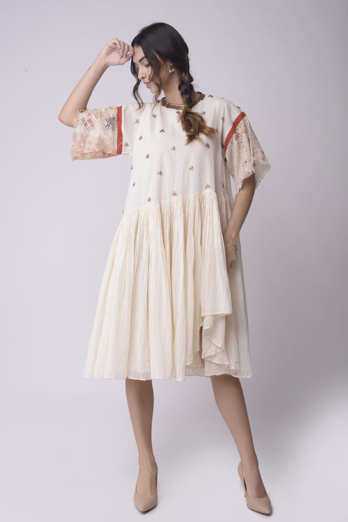 Ivory Cotton Gathered Dress