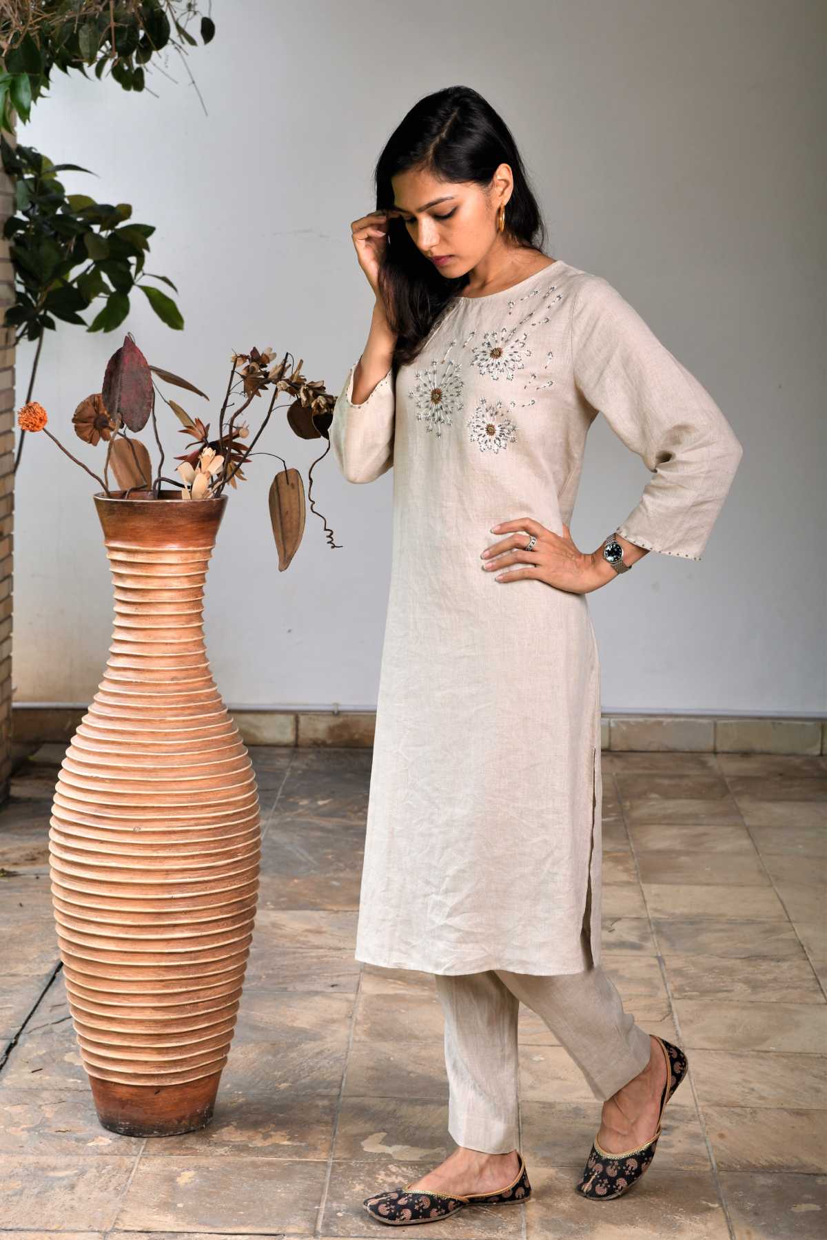 Beige Floral Embroidered Tunic