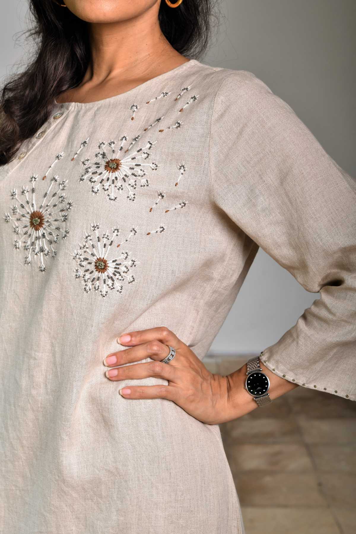 Beige Floral Embroidered Tunic