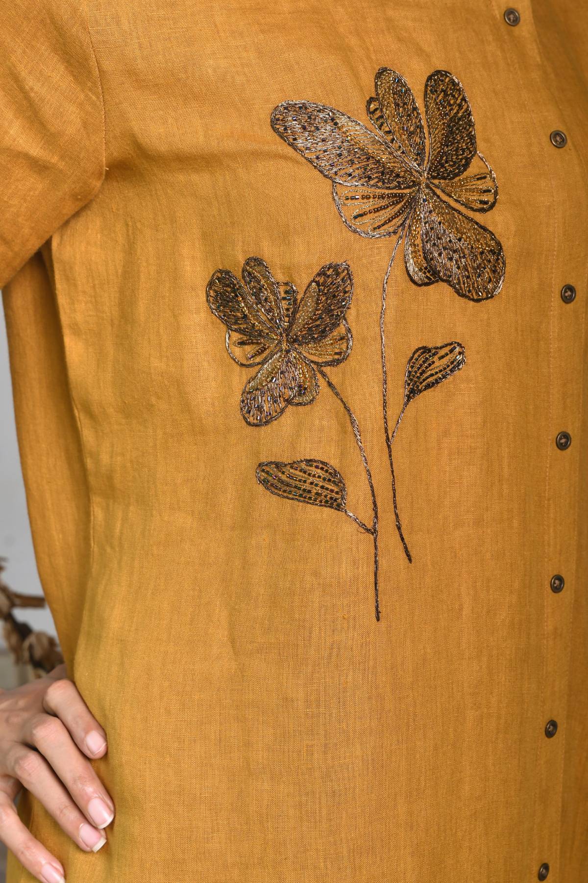 Mustard 100% Linen Floral Tunic