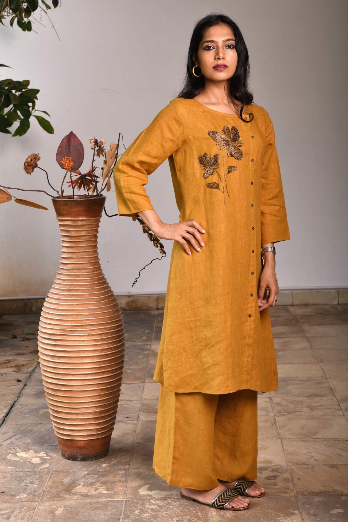 Mustard 100% Linen Floral Tunic