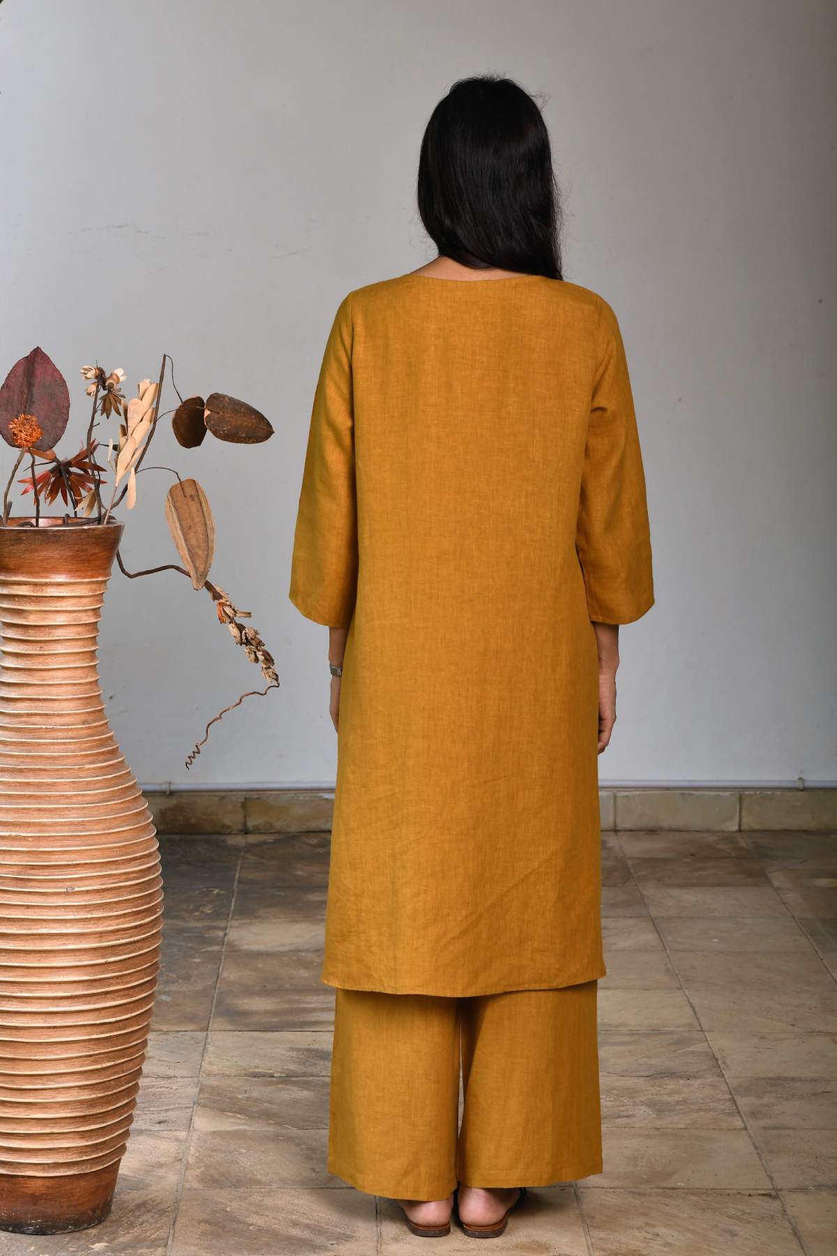 Mustard 100% Linen Floral Tunic