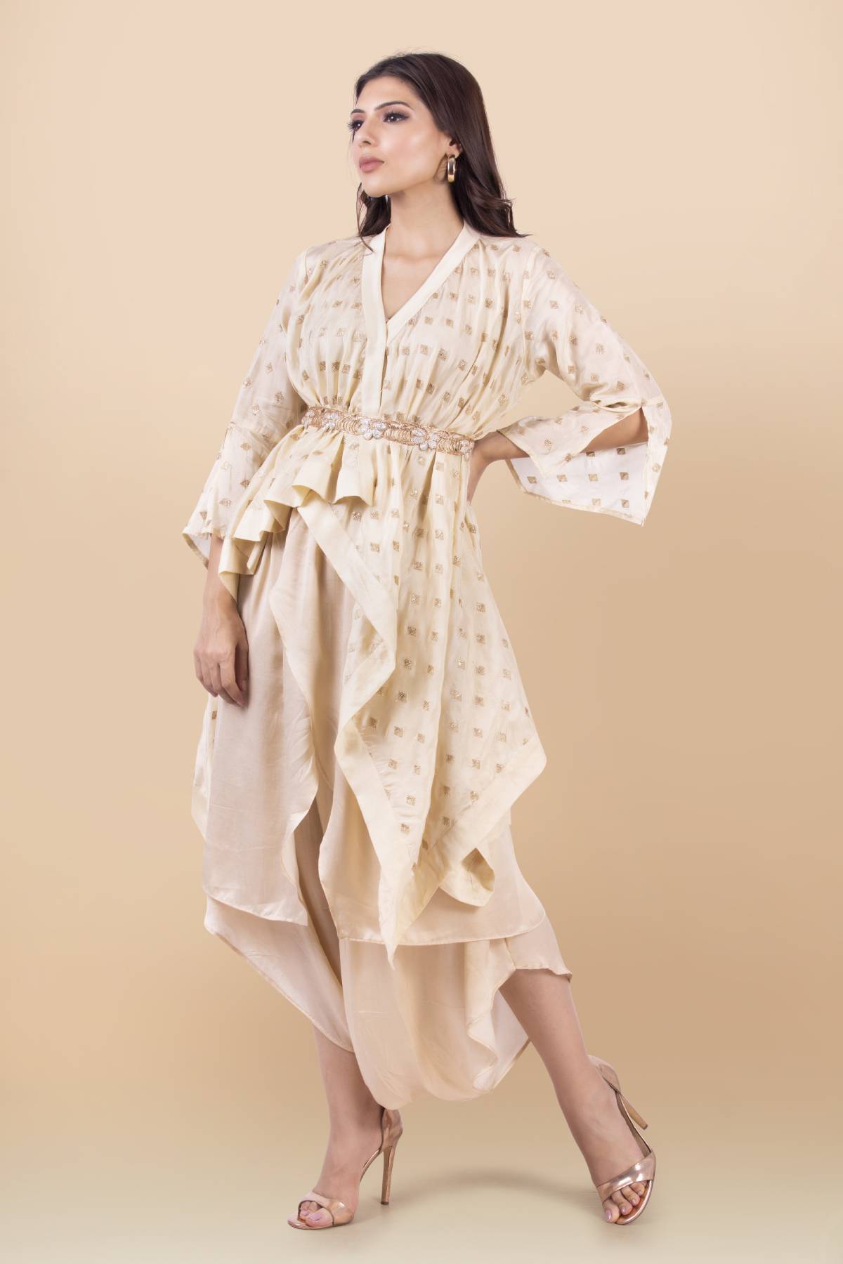 Cream Short Jacket & Drape Dhoti