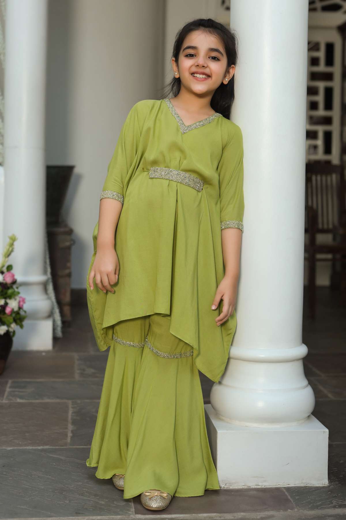 Buy Kids Designer Littleens Hand embroidery kaftan on neckline and cuff cinched at the waist with matching embroidered belt with a tie up in the back from inside and recycled plastic beads paired with sharara pants Online at ScrollnShops