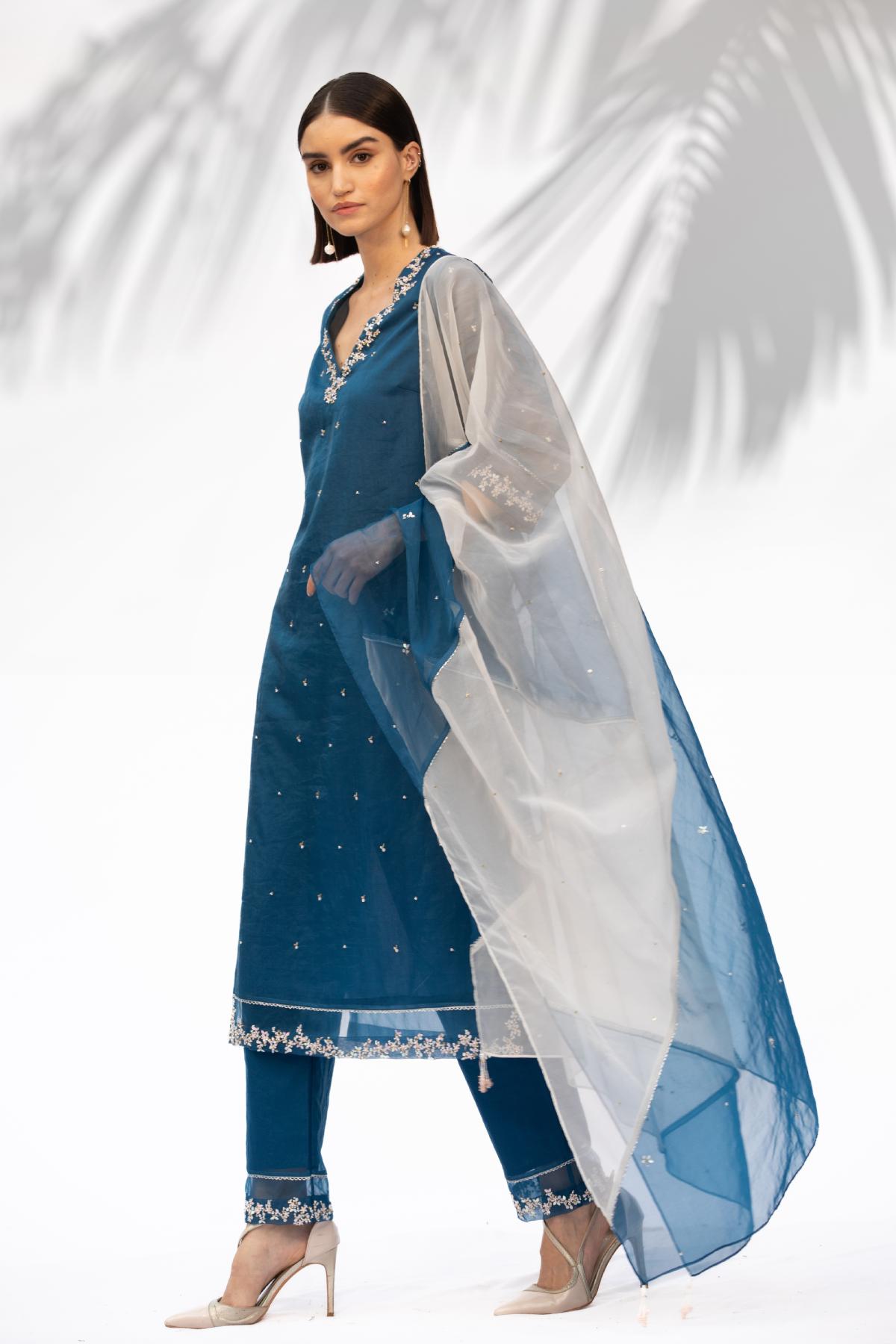 Blue Organza Straight Kurta Set