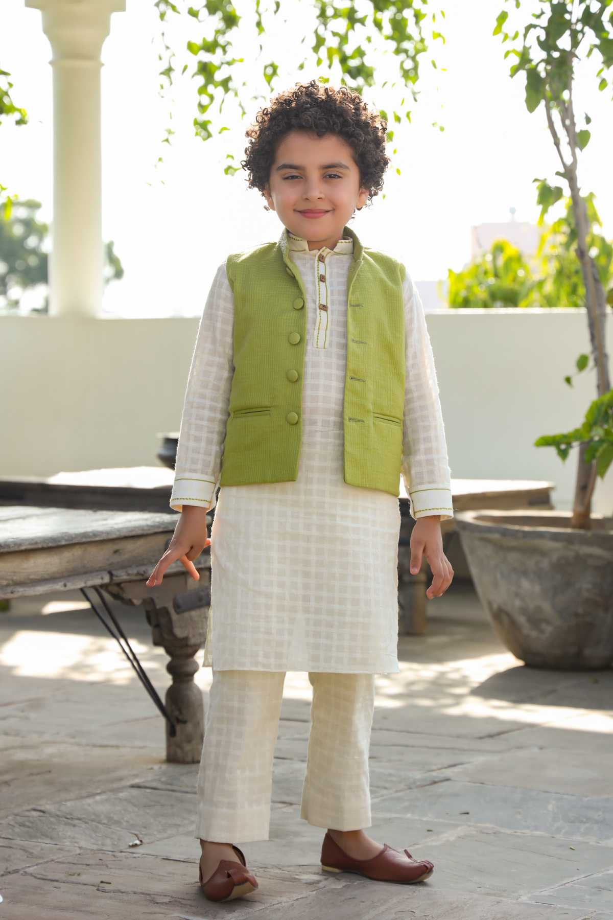 Buy Kids Designer Littleens Hand embroidered nehru jacket with recycled plastic beads in a timeless bouquet intricately embellished on the collar paired with checkered pattern kurta and trousers and Kantha stitch over collar and cuff Online at ScrollnShops