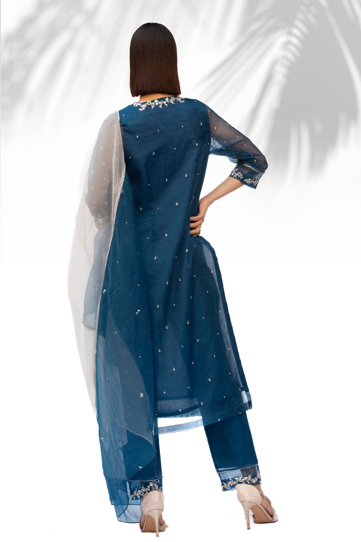 Blue Organza Straight Kurta Set