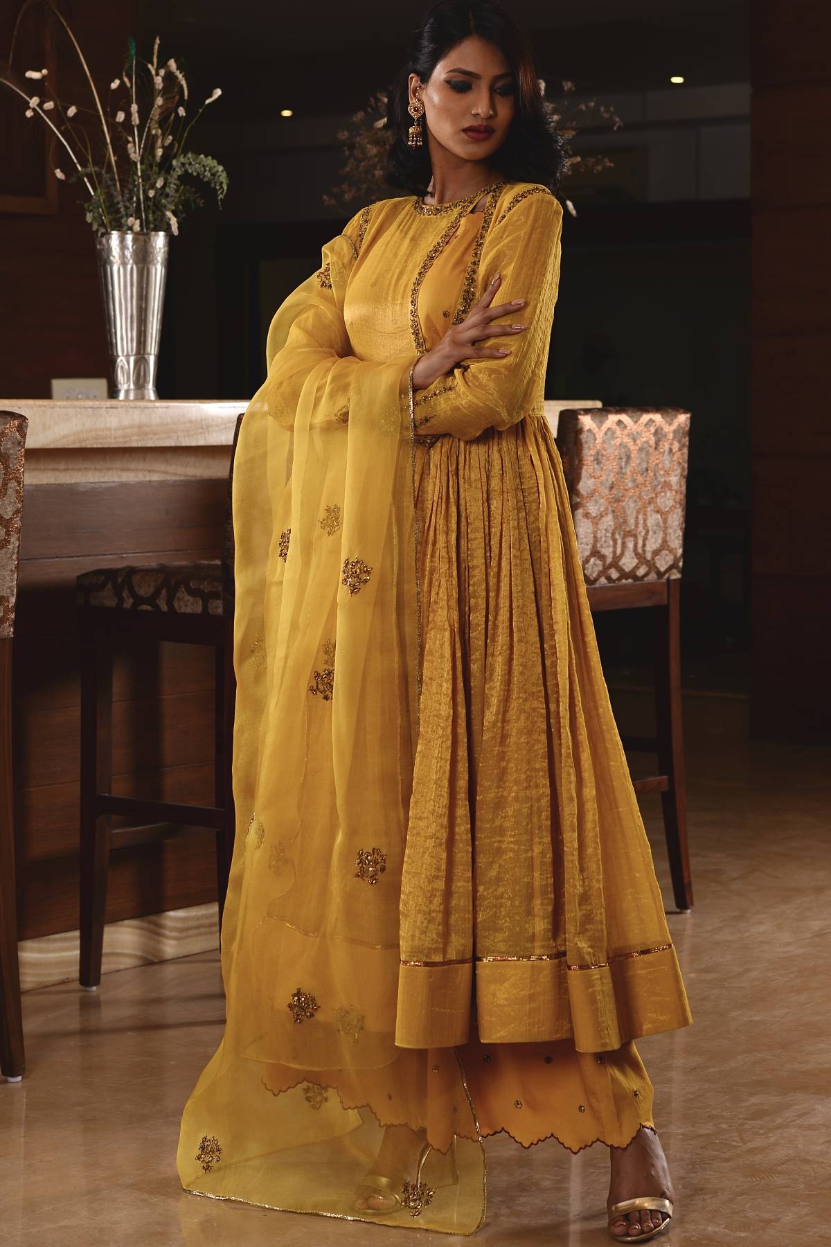 Yellow Aari Zardosi Kurta Set