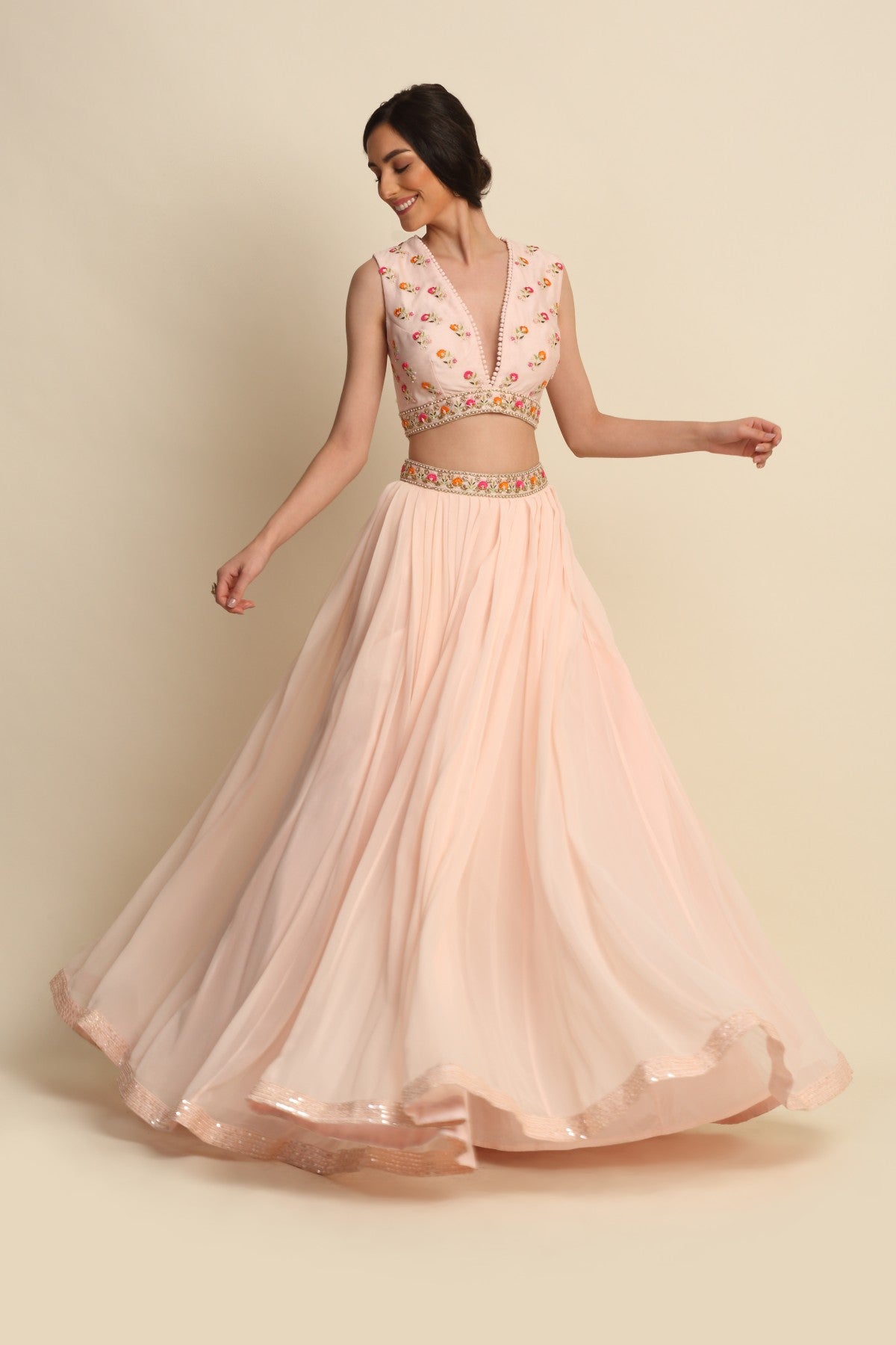Blush Pink Deep Neck Lehenga Set