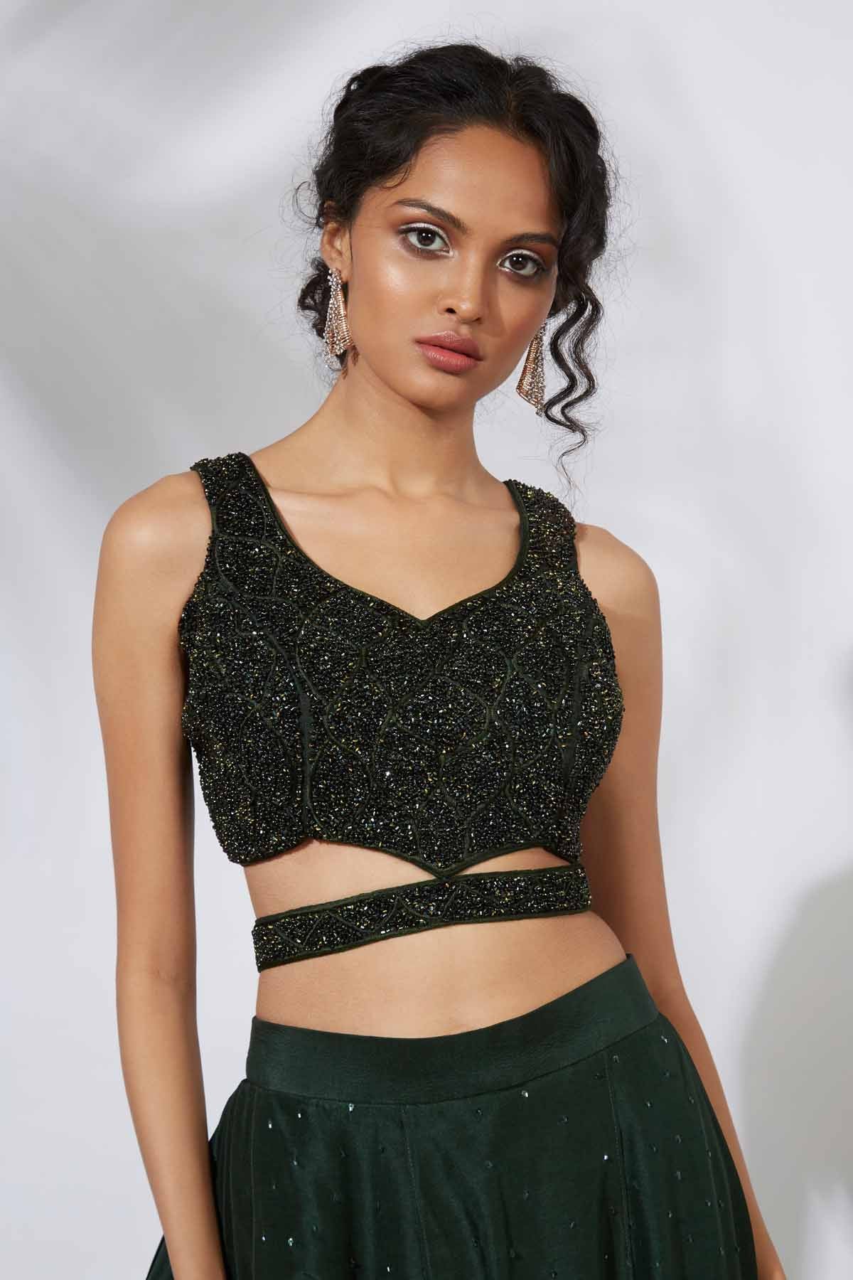 Green Beads Layered Lehenga Set