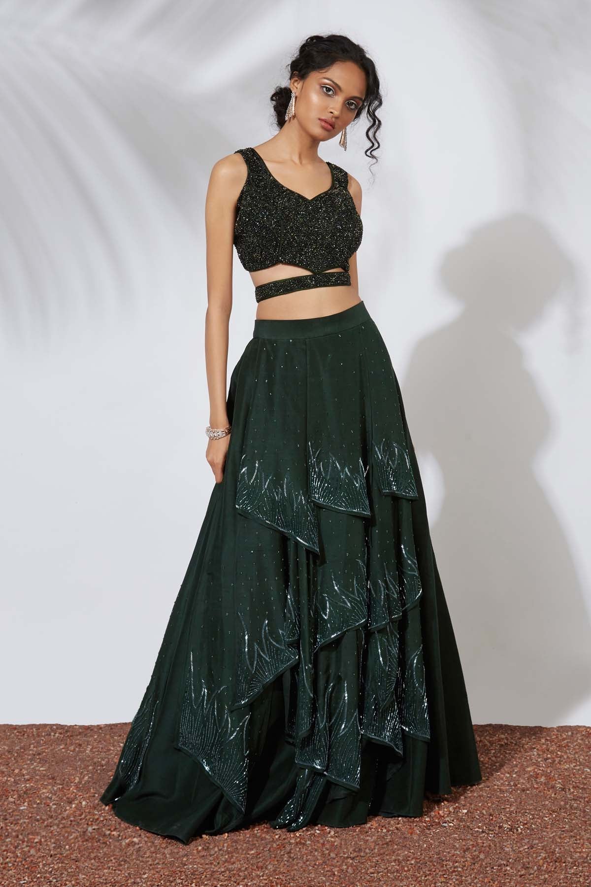 Green Beads Layered Lehenga Set