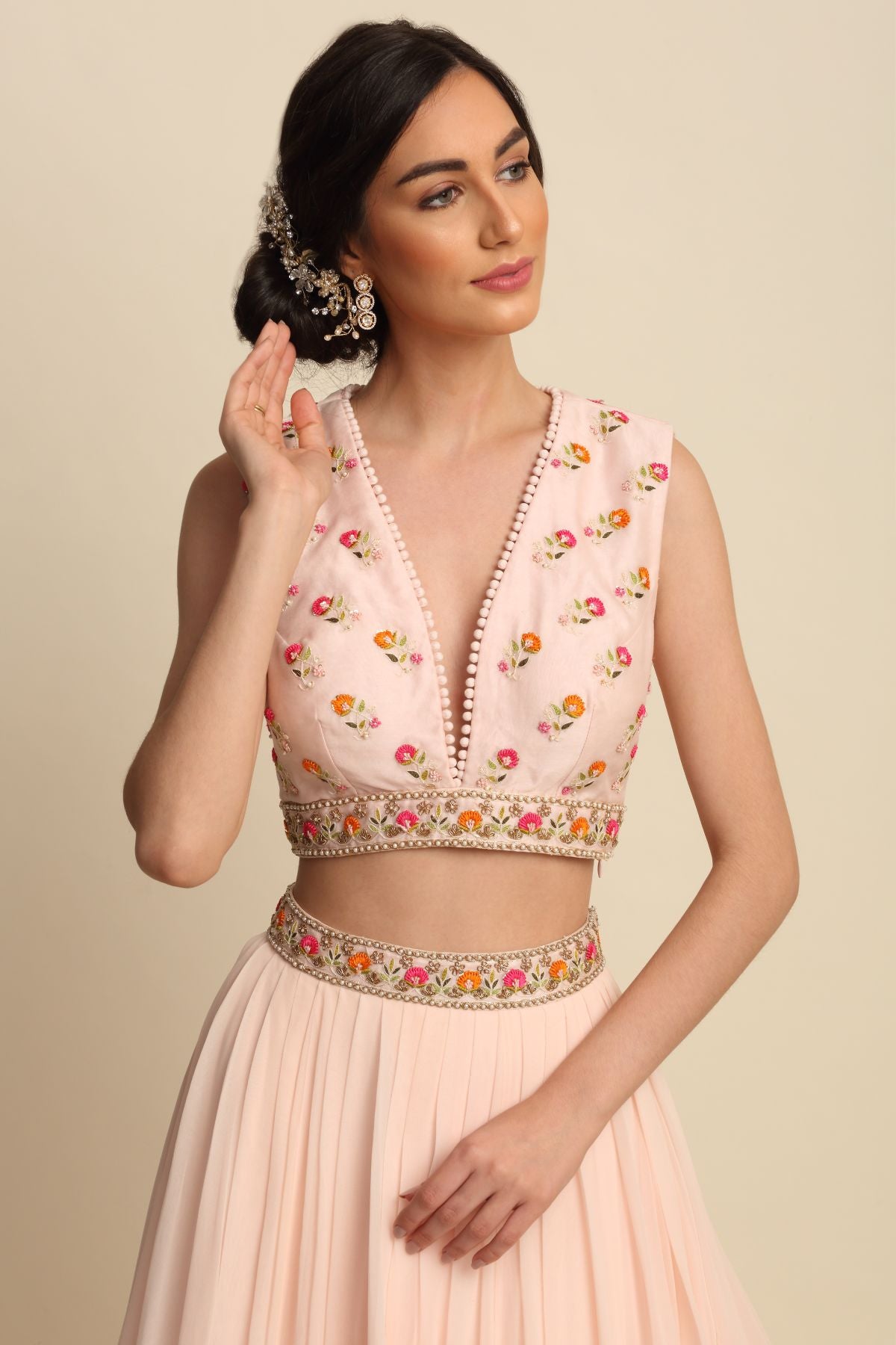 Blush Pink Deep Neck Lehenga Set