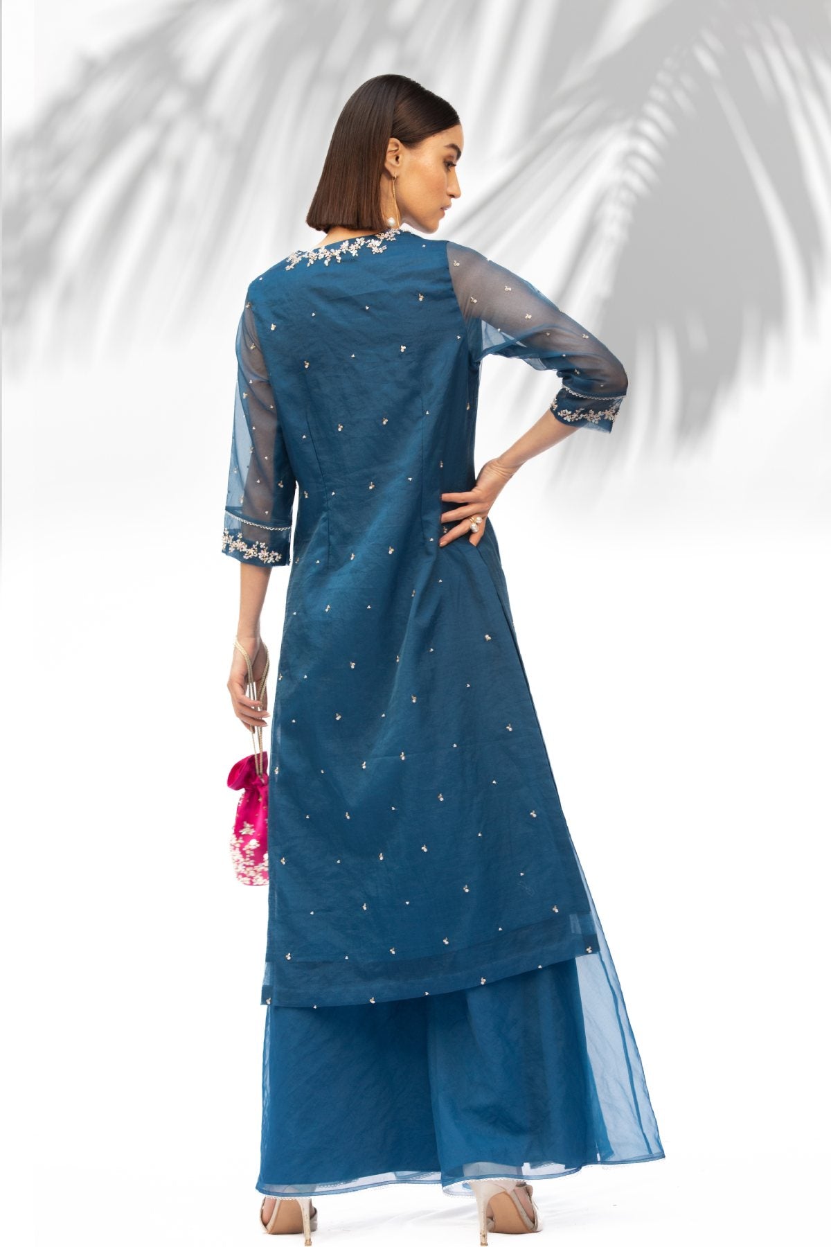 Blue Organza V-Neck Kurta Set