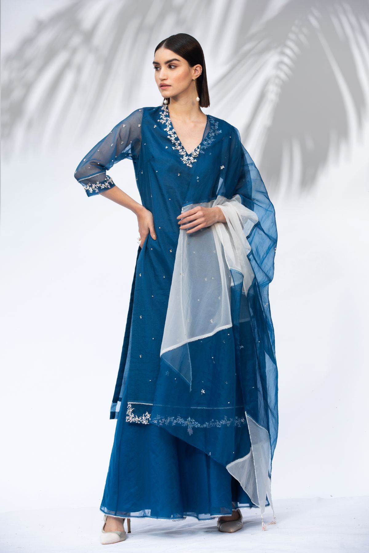 Blue Organza V-Neck Kurta Set