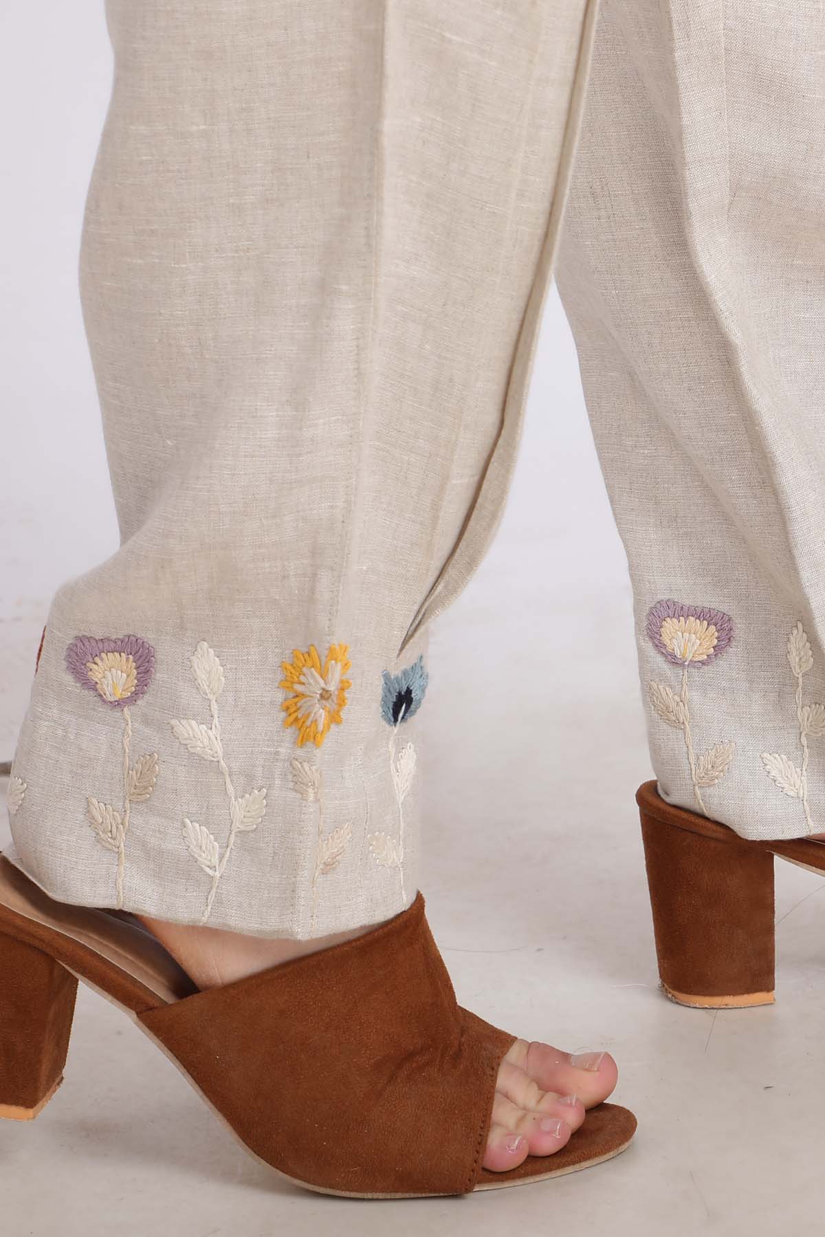 Beige Embroidered Pleated Pants