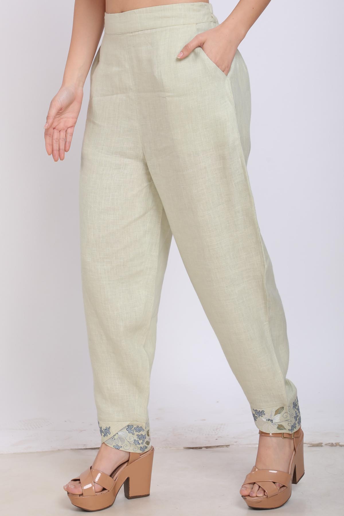 Green Embroidered Pleated Pants