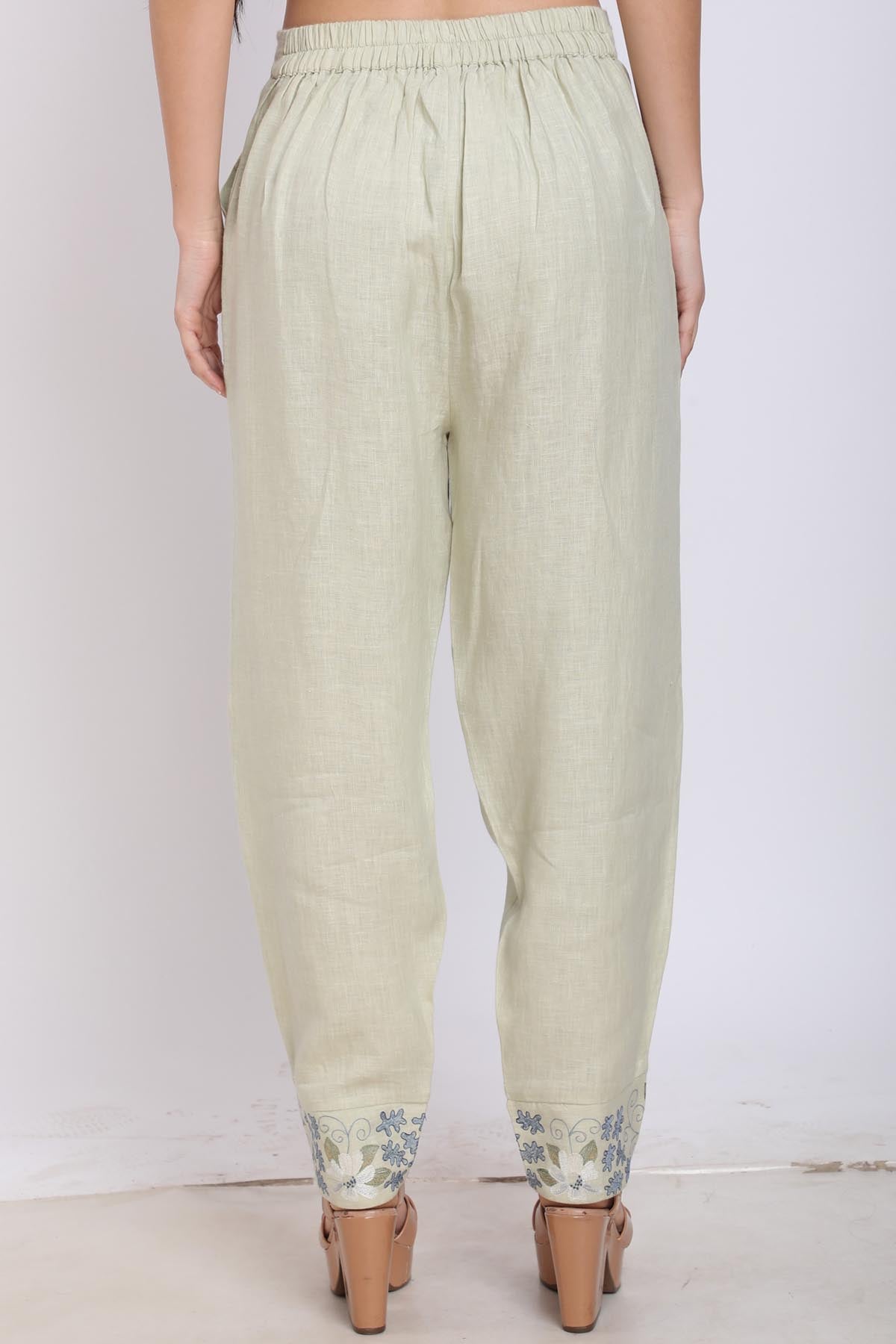 Green Embroidered Pleated Pants