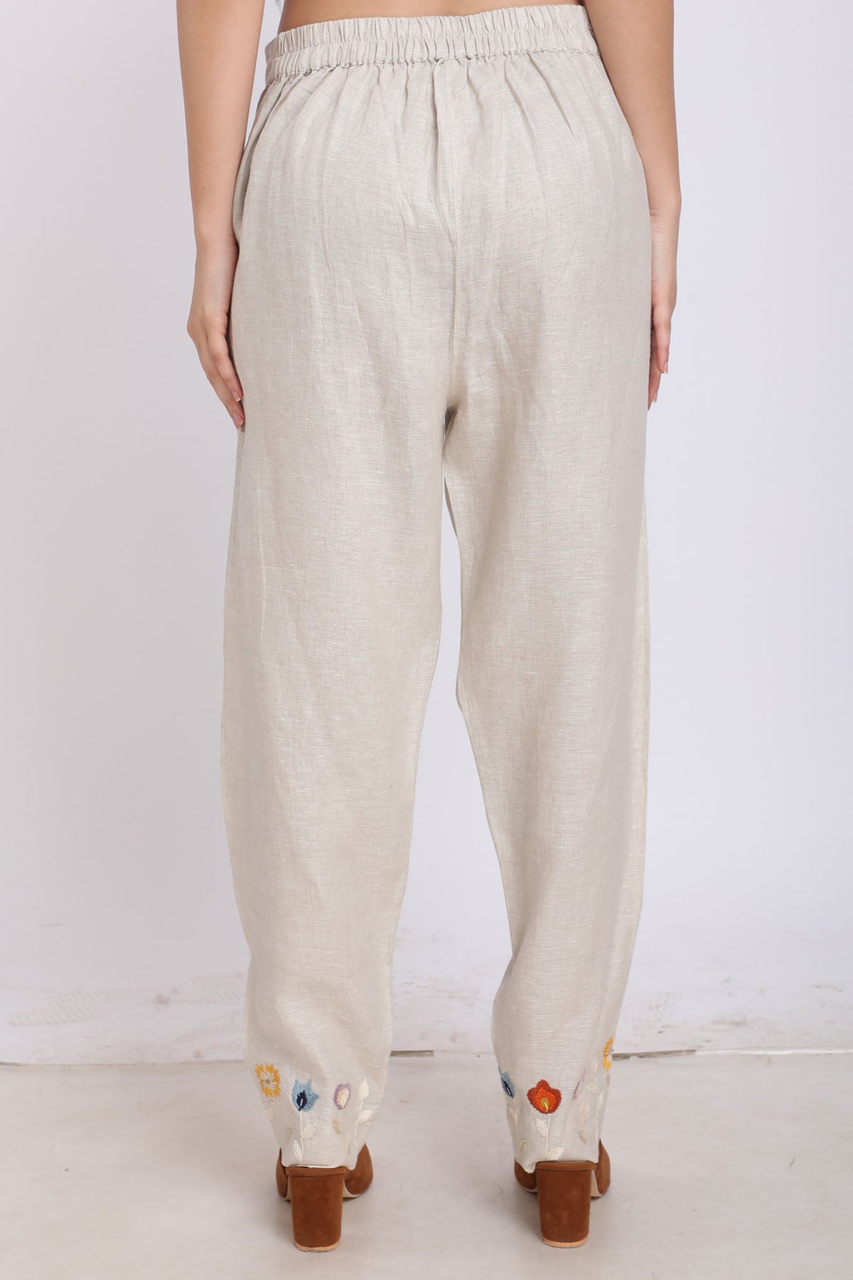 Beige Embroidered Pleated Pants