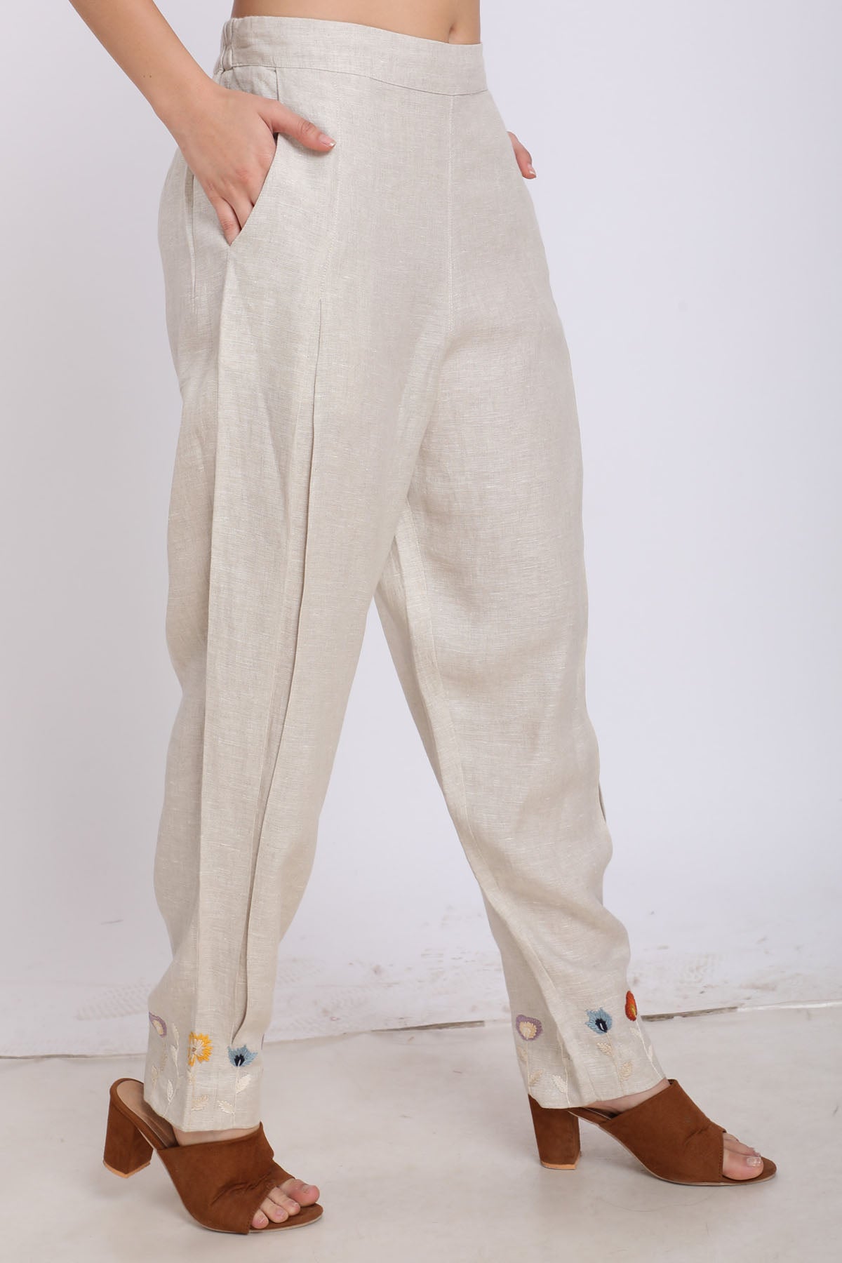 Beige Embroidered Pleated Pants