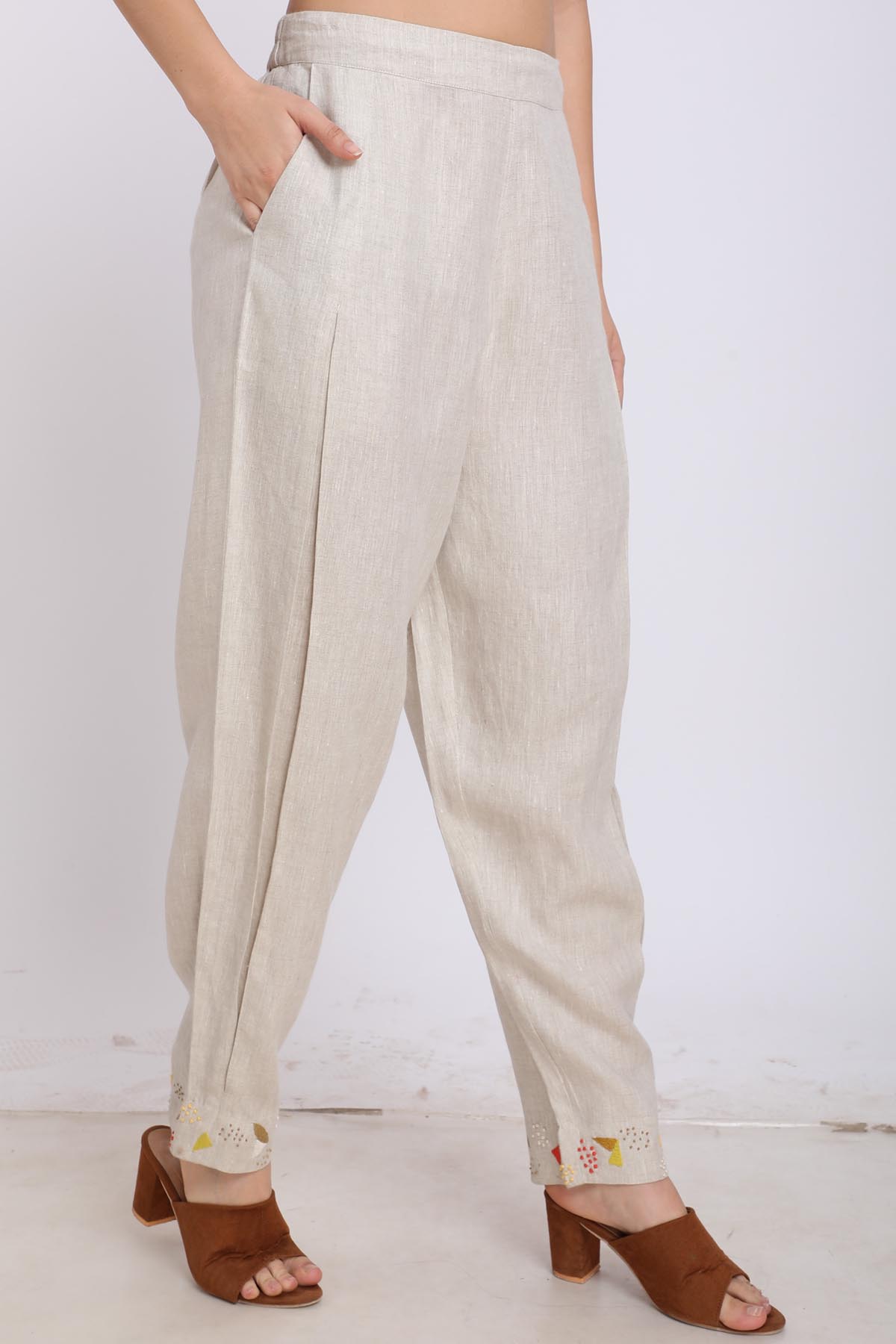 Beige 100% Linen Pleated Pants