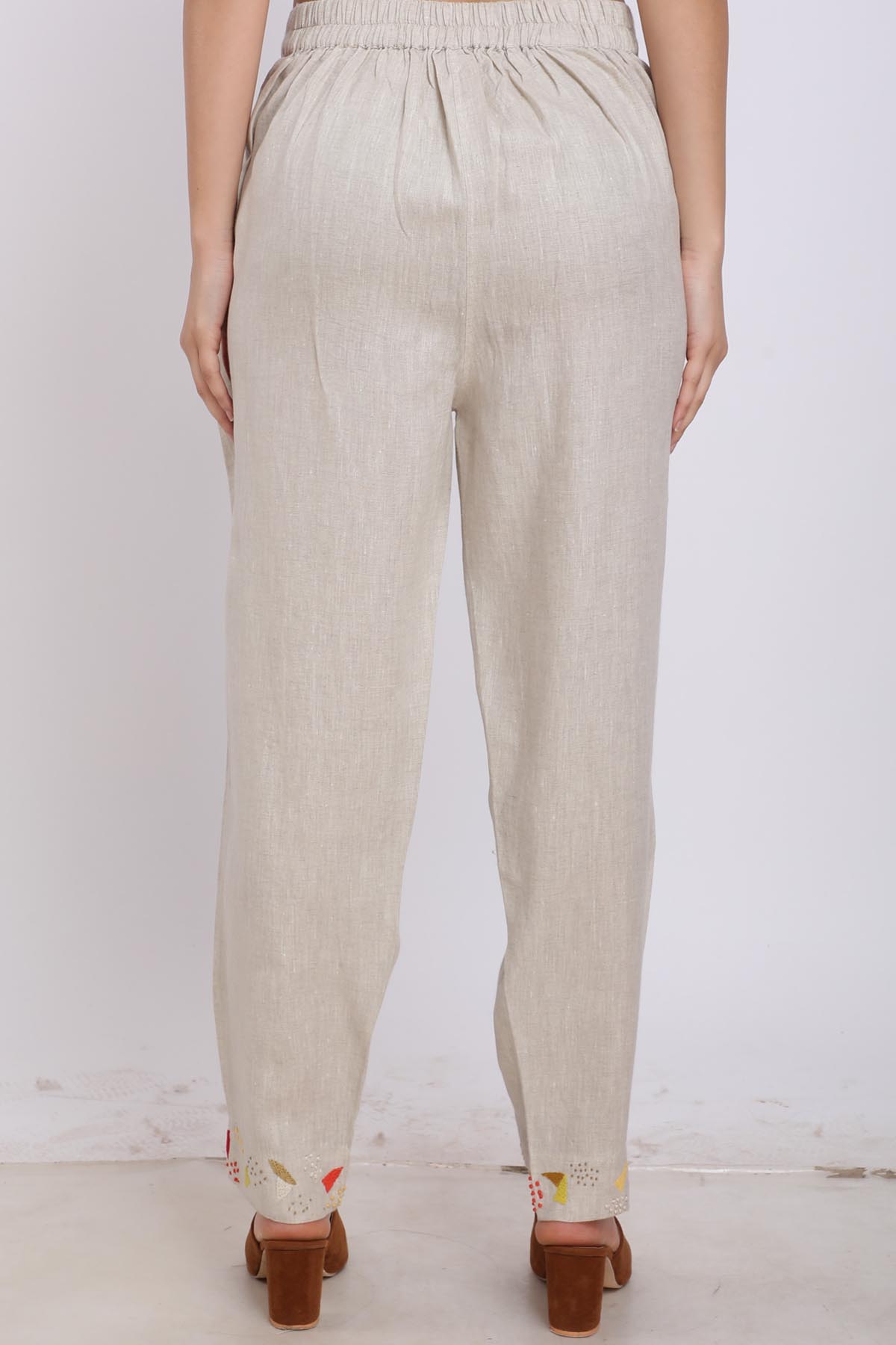 Beige 100% Linen Pleated Pants
