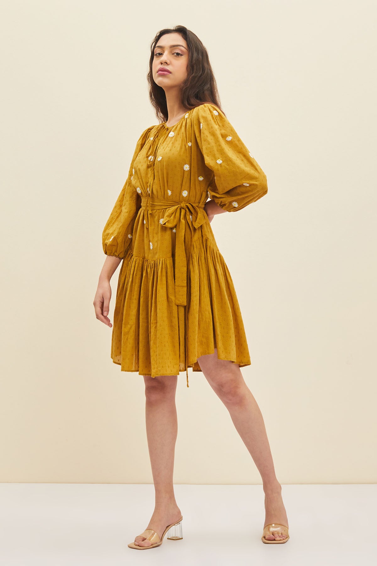 Yellow Embroidered Ruffle Dress