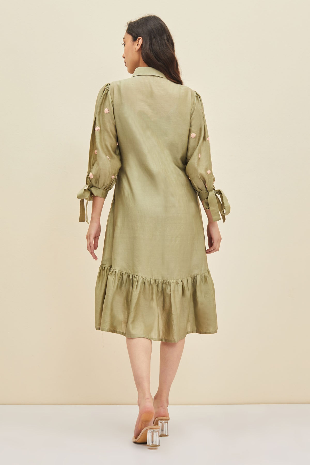 Olive Embroidered Ruffle Dress