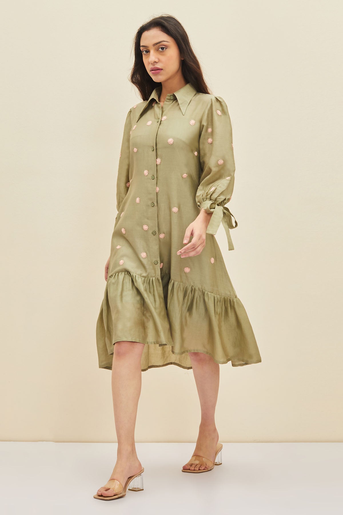 Olive Embroidered Ruffle Dress