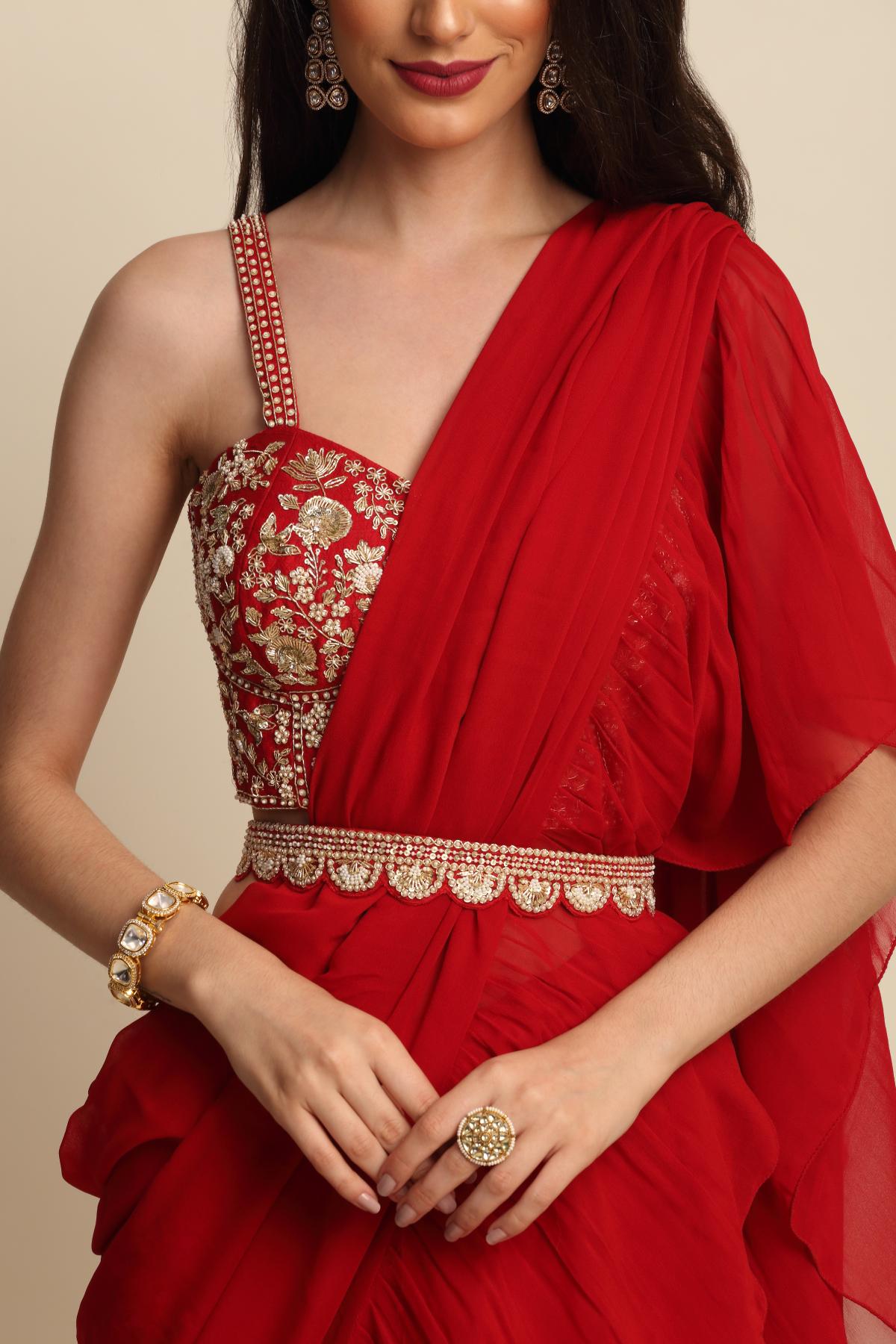 Red Zardosi Work Ruffle Saree