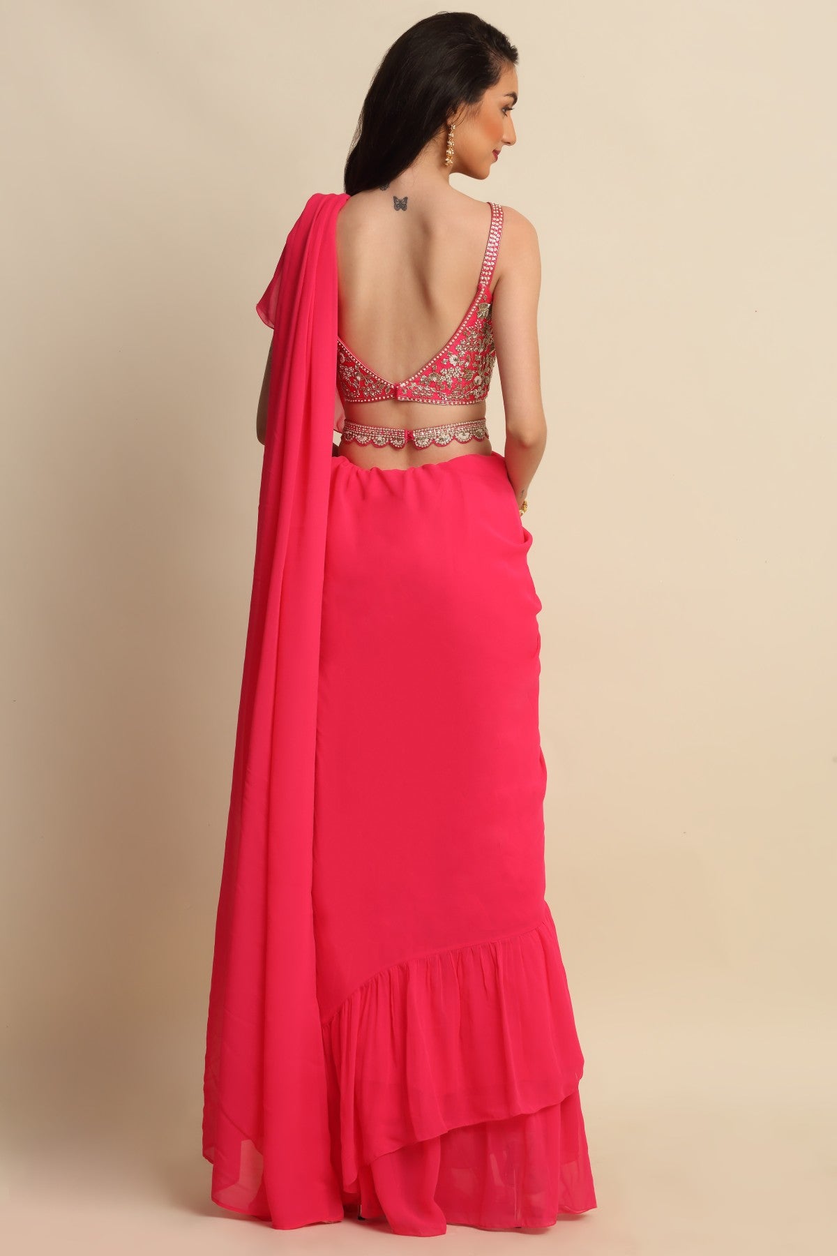 Fuchsia Zardosi Ruffle Saree
