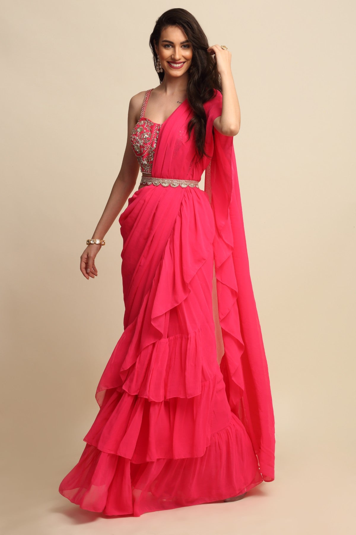 Fuchsia Zardosi Ruffle Saree