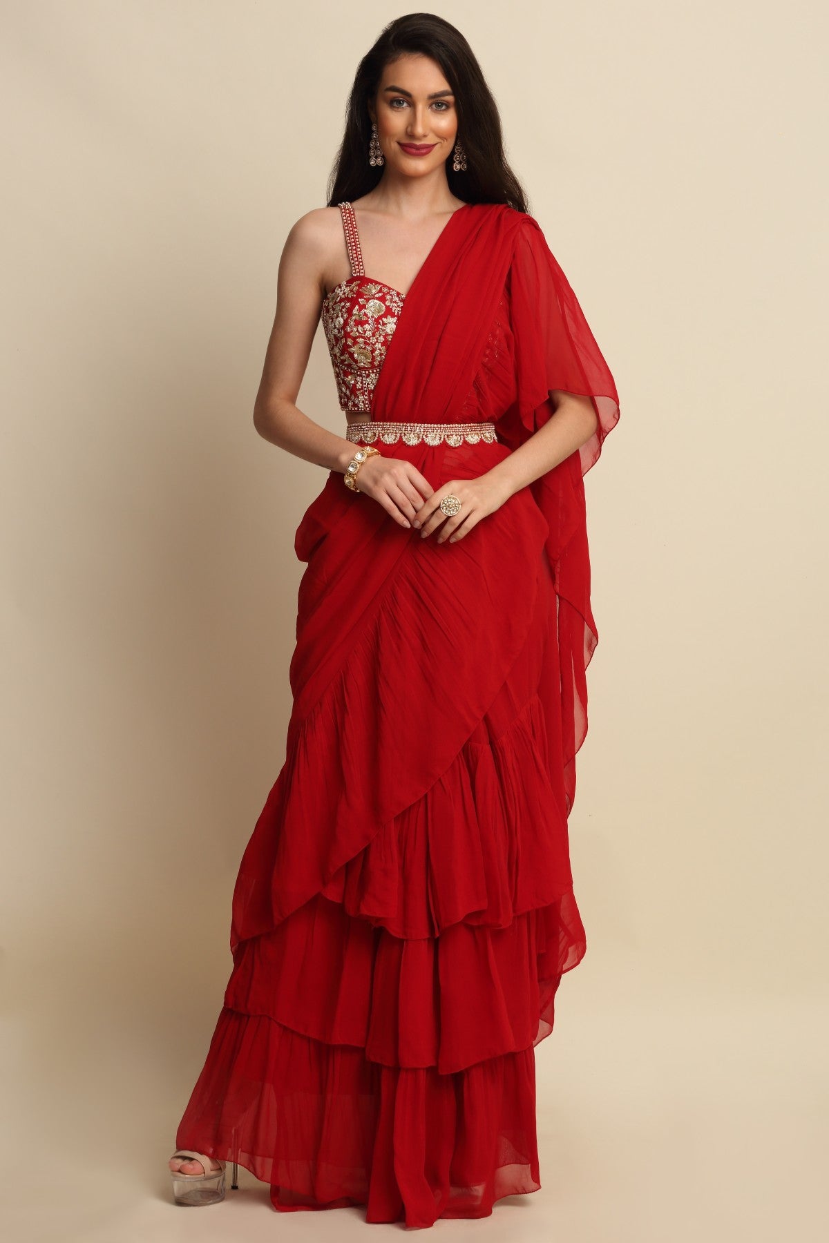 Red Zardosi Work Ruffle Saree