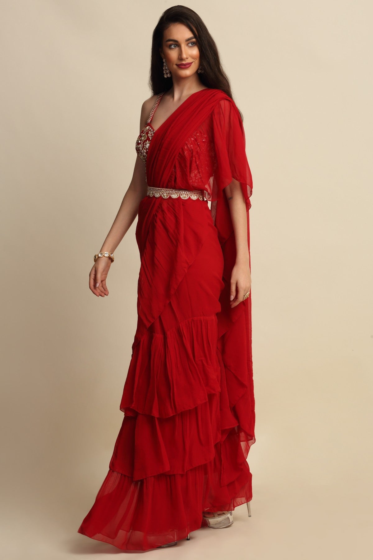 Red Zardosi Work Ruffle Saree