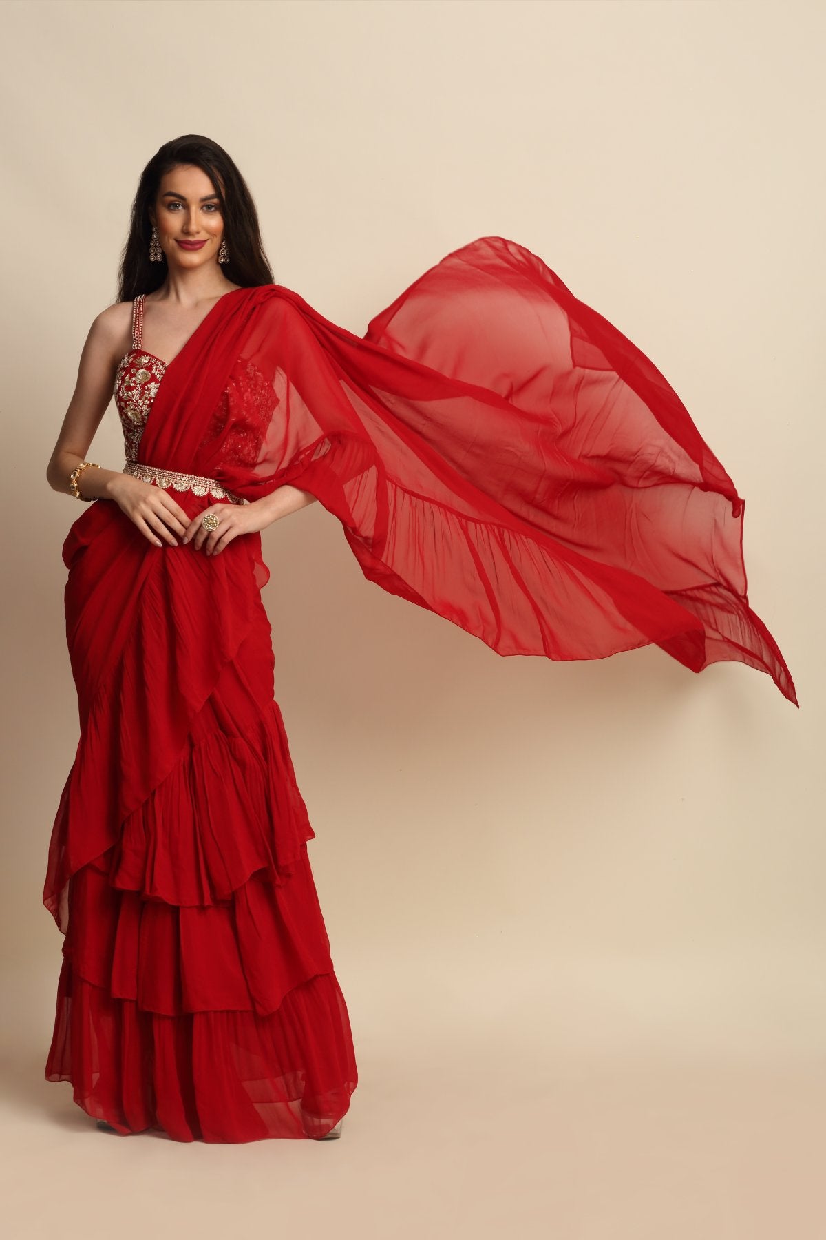 Red Zardosi Work Ruffle Saree