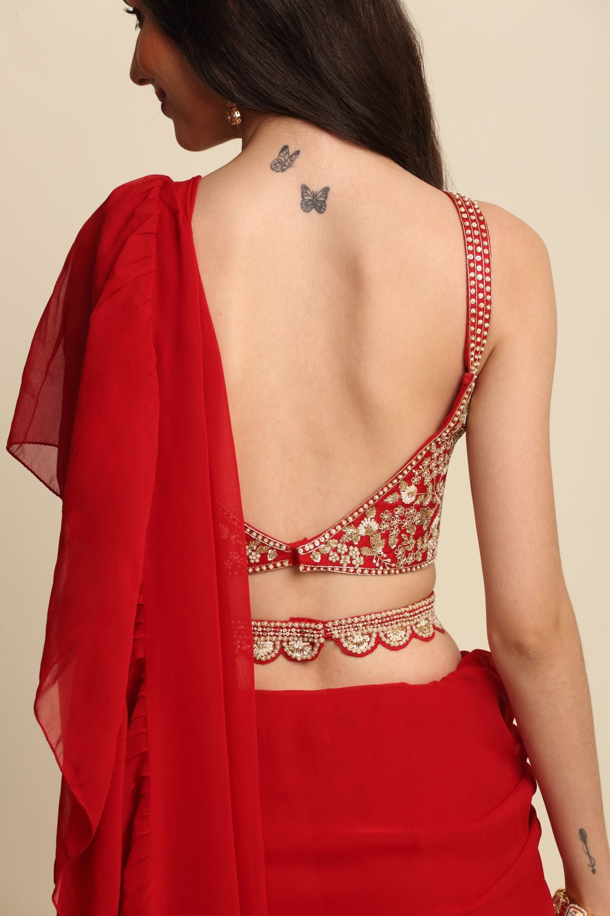 Red Zardosi Work Ruffle Saree