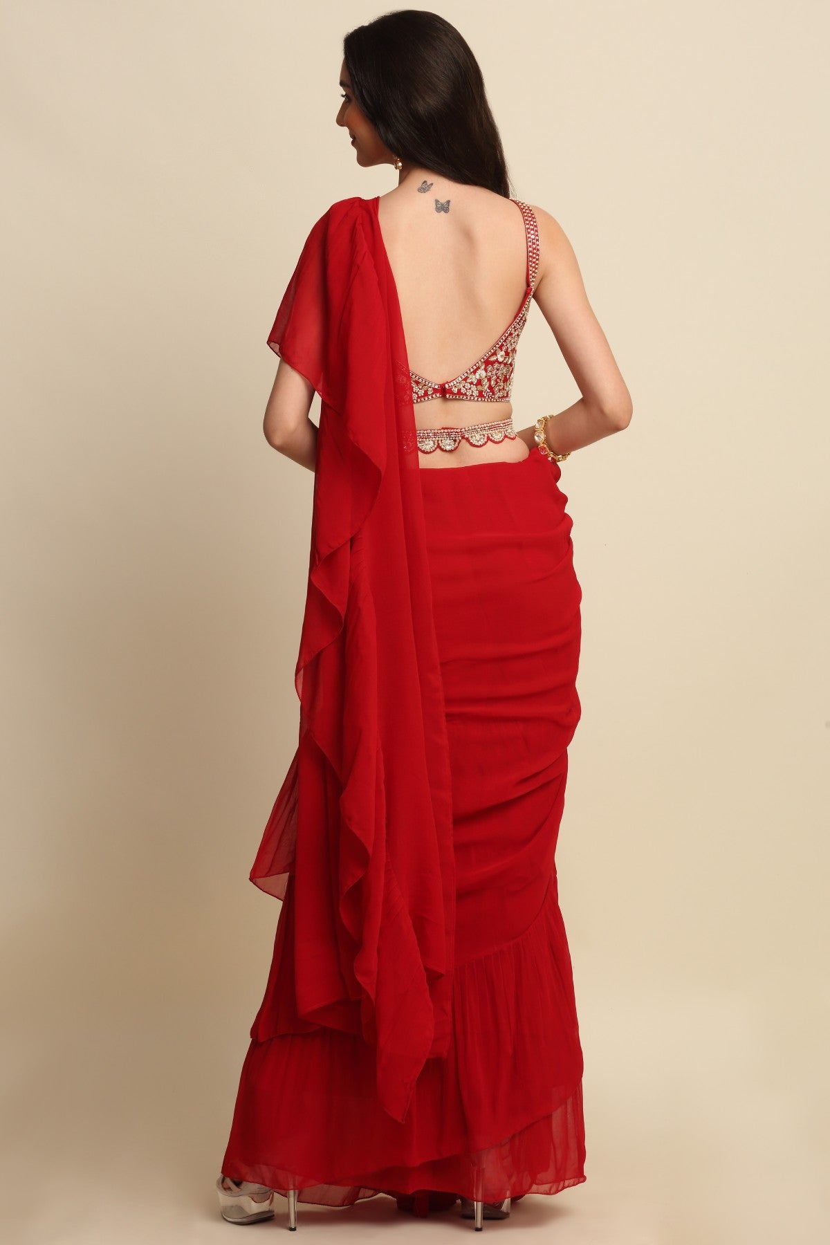 Red Zardosi Work Ruffle Saree