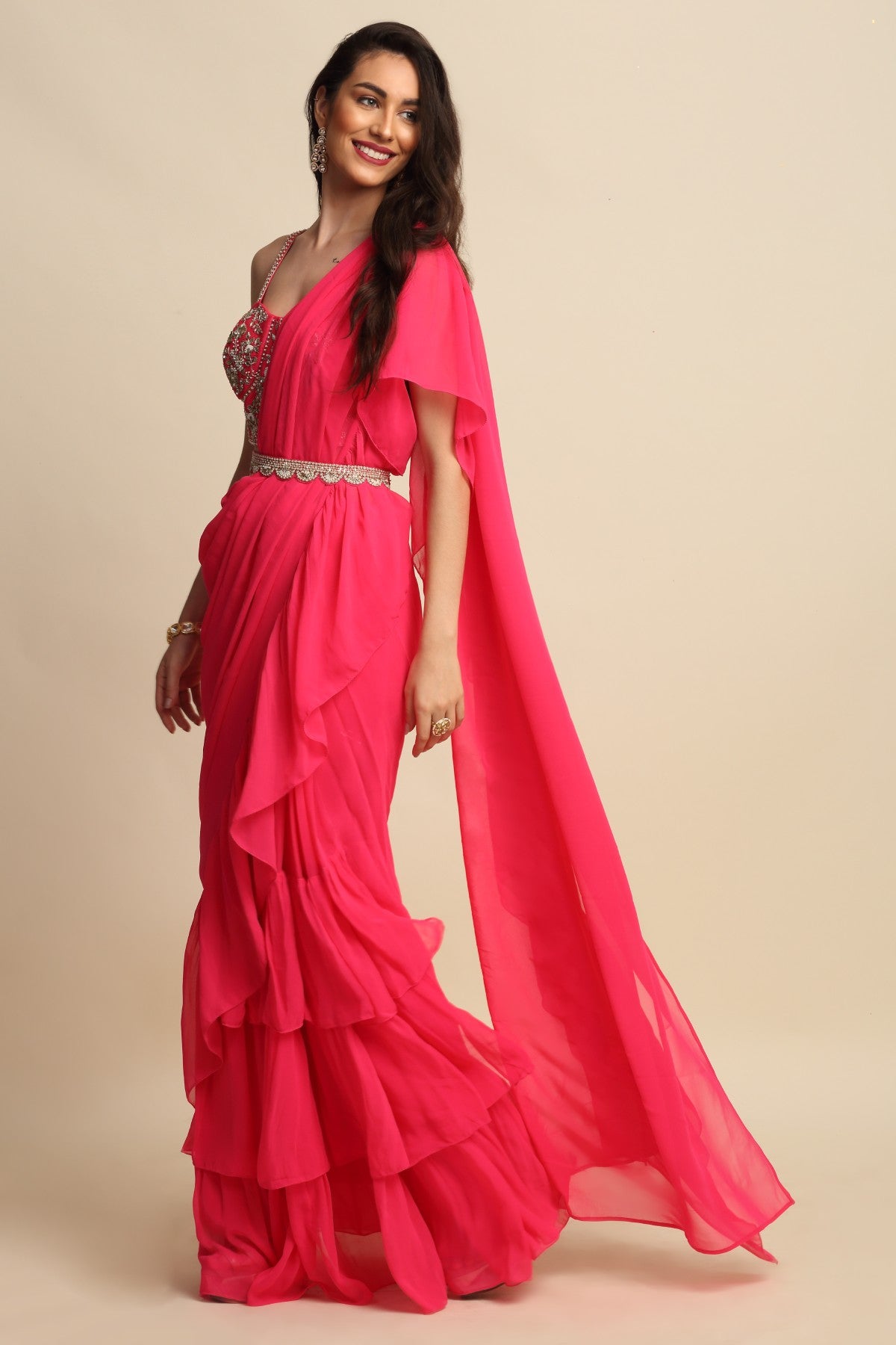 Fuchsia Zardosi Ruffle Saree